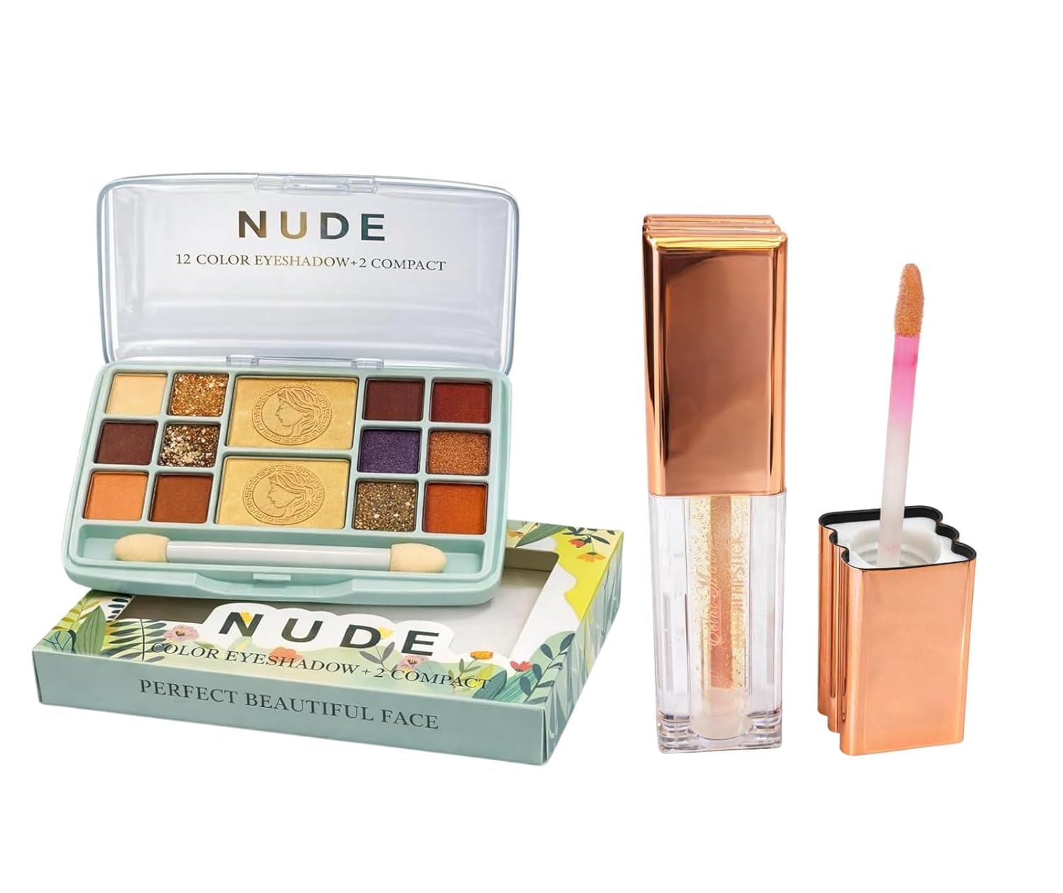 2-Piece Face & Eye Glow Set – 14-in-1 NUDE Artistry Palette (12 Eyeshadows + 2 Embossed Compact Powders) with Luminous Gold Liquid Shimmer Highlighter – Complete Radiance Makeup Kit-image-19