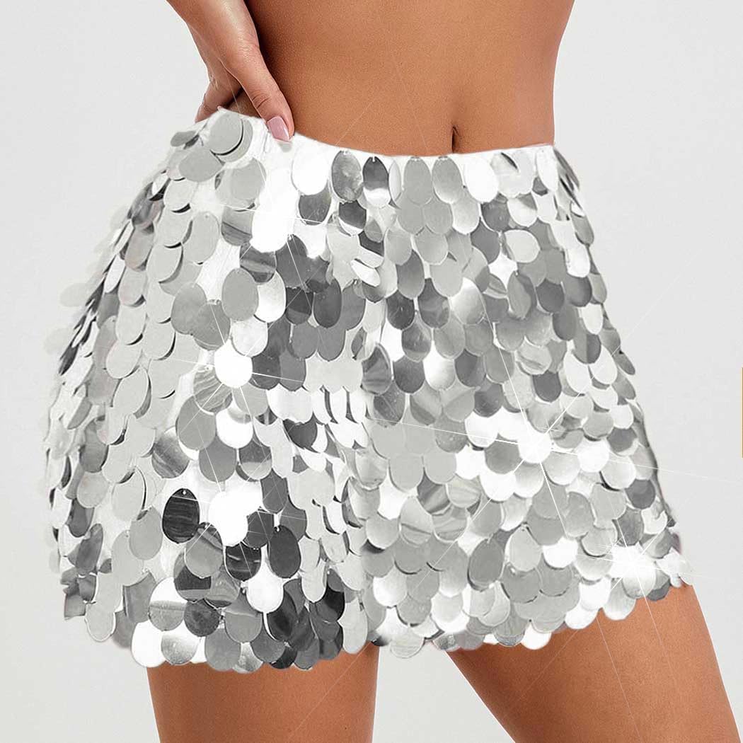 Zoestar Sparkly Sequin Skirt Belly Dance Hip Scarf Mermaid Costume Skirts Rave Festival Outfits for Women Silver - Image 6