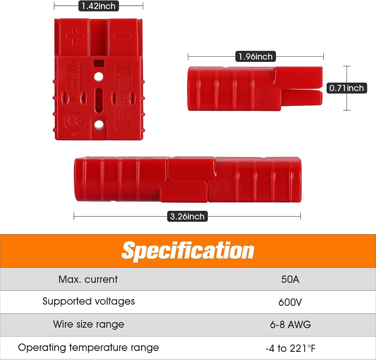 6 Pcs 6-8 Gauge 50 Amp Battery Quick Connect Disconnect with Dustproof Cover, Jumper Cable Plug Connector Kit for Recovery Winch, Forklift, Towing Systems (Red) thumbnail