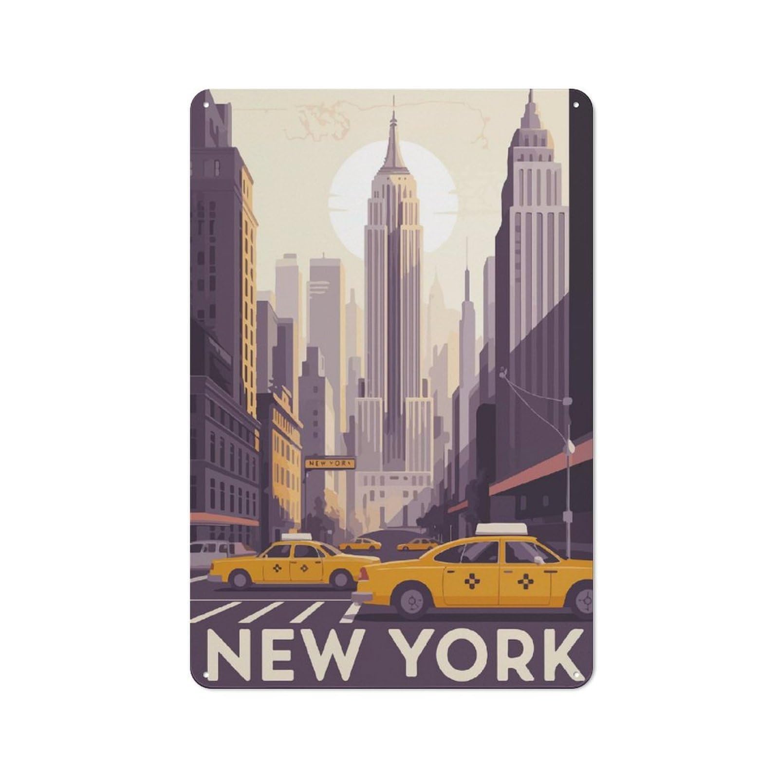 Junmoney New York Cityscape With Yellow Taxis Tin Wall Plaque 30X20cm With For Garage Or Workshop, For Living Room, Hallway And Entrance Wall Decor