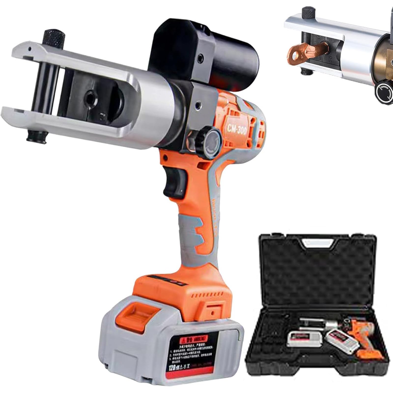 Crimpadora hidráulica Recargable - 16-300Mm², con 11 Troqueles, para terminales de Cobre y Aluminio, con 2 baterías