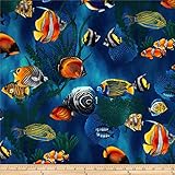 Island Sanctuary Sea Tropical Fish Cobalt, Quilting Fabric by the Yard