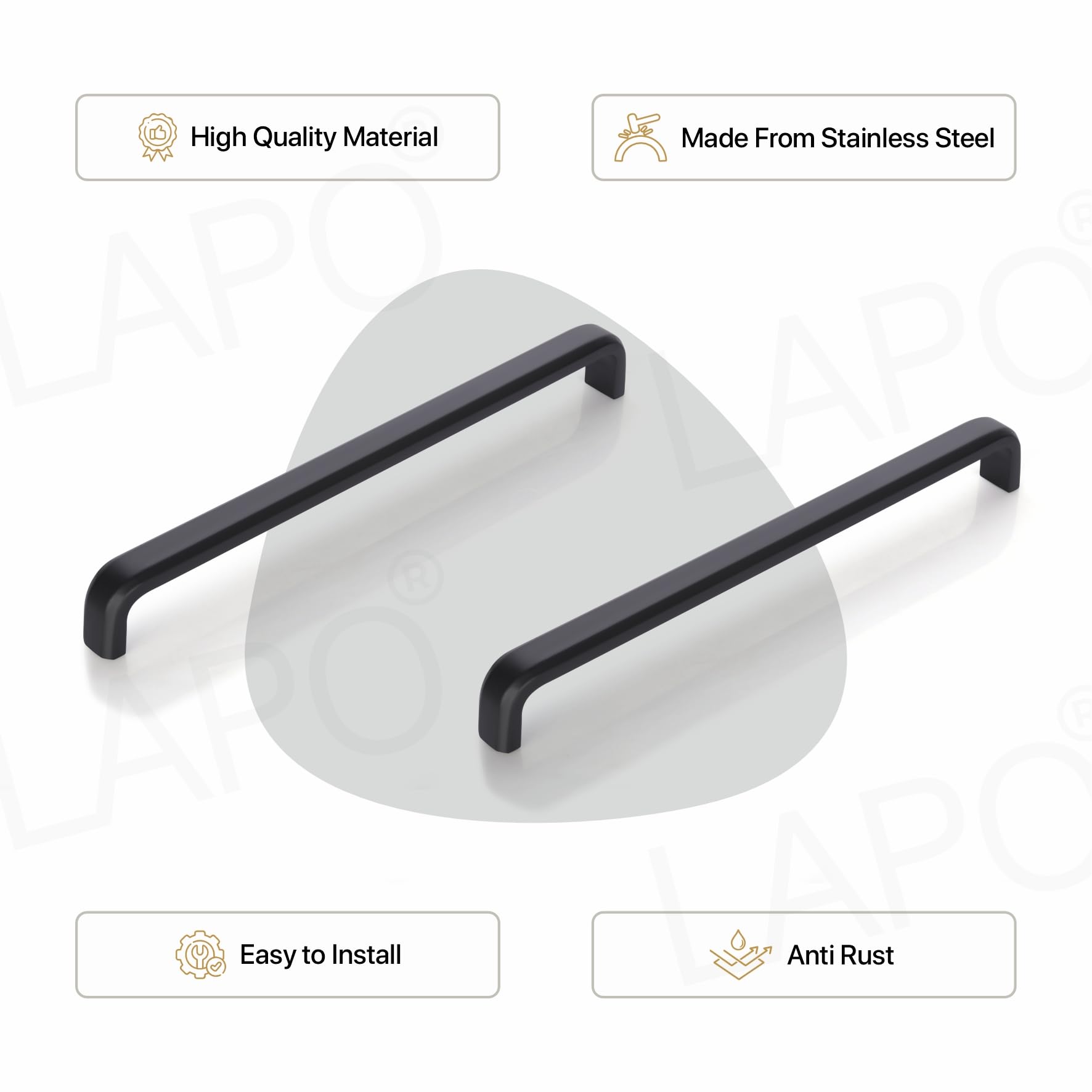 LAPO Premium Stainless Steel Cabinet Handles | 10 Inch Handle for Kitchen, Cupboard & Closet | Rust Resistant Surface | Easy Screw Fit | Hole to Hole 22 cm | Black Finish | (224mm, Pack of 2) — Amazon image 3