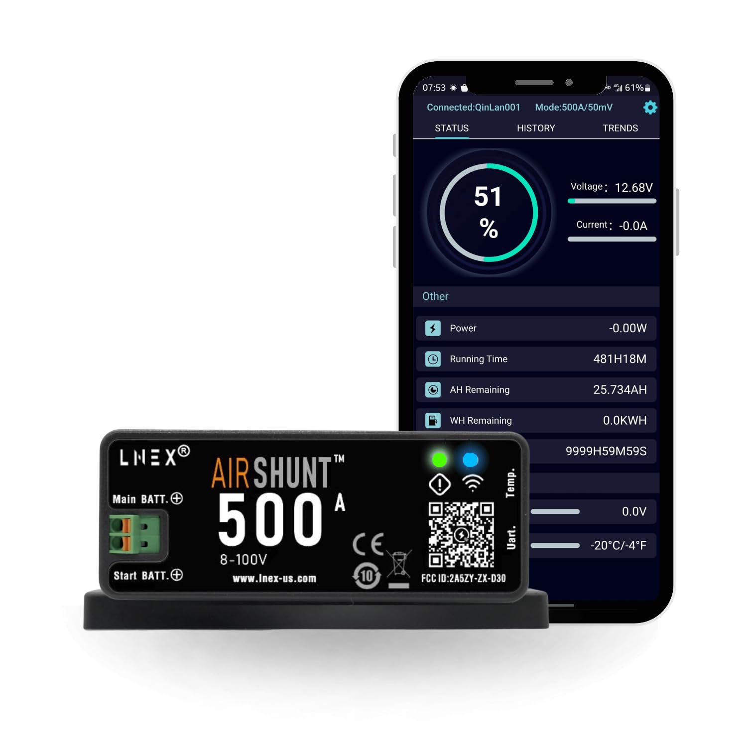 Bluetooth Battery Monitor, 500A Smart Shunt with Temp Sensor for 8-100V Lifepo4, Lithium Sealed, Gel, Flooded Battery