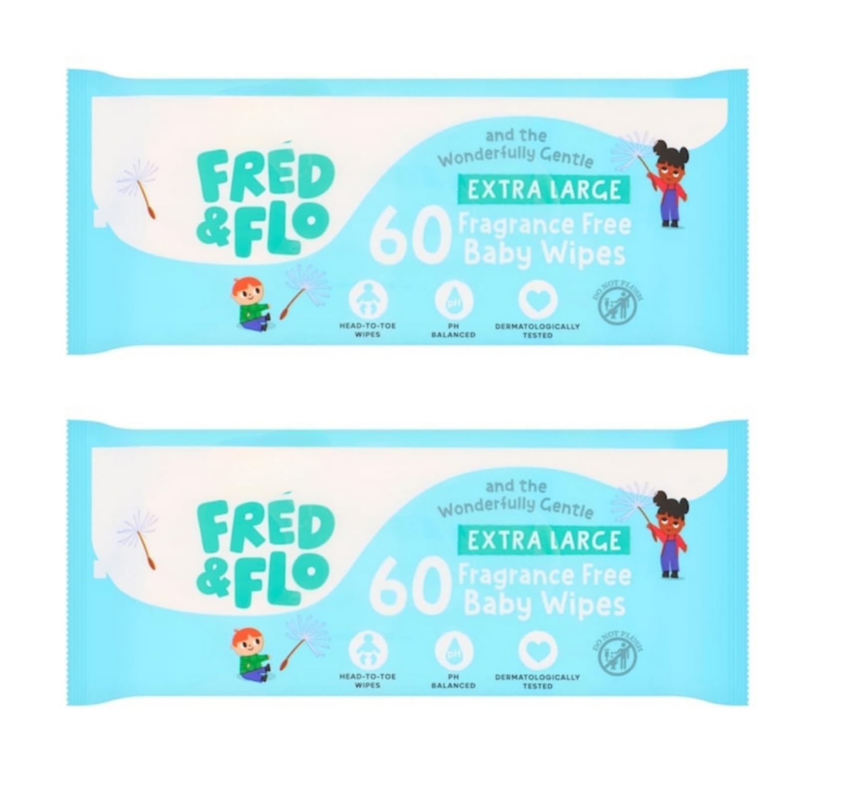 Bizzal Fred & Flo Extra Large Fragrance Free Baby Wipes, pH Balanced, Dermatologically Tested, 2 Pack, 120 Wipes