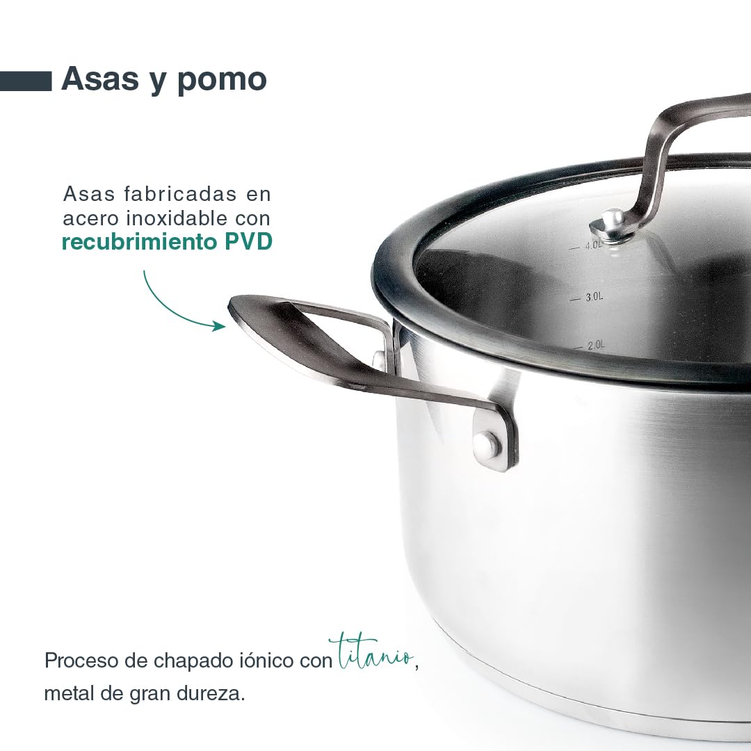 Lacor 47024 - Cacerola con Tapa Origin, Acero inoxidable 18/10, Tapa Vidrio | En acero inox 18/10, para guisos y cocciones uniformes; apto para inducción y horno, apto para lavavajillas, de gran utilidad