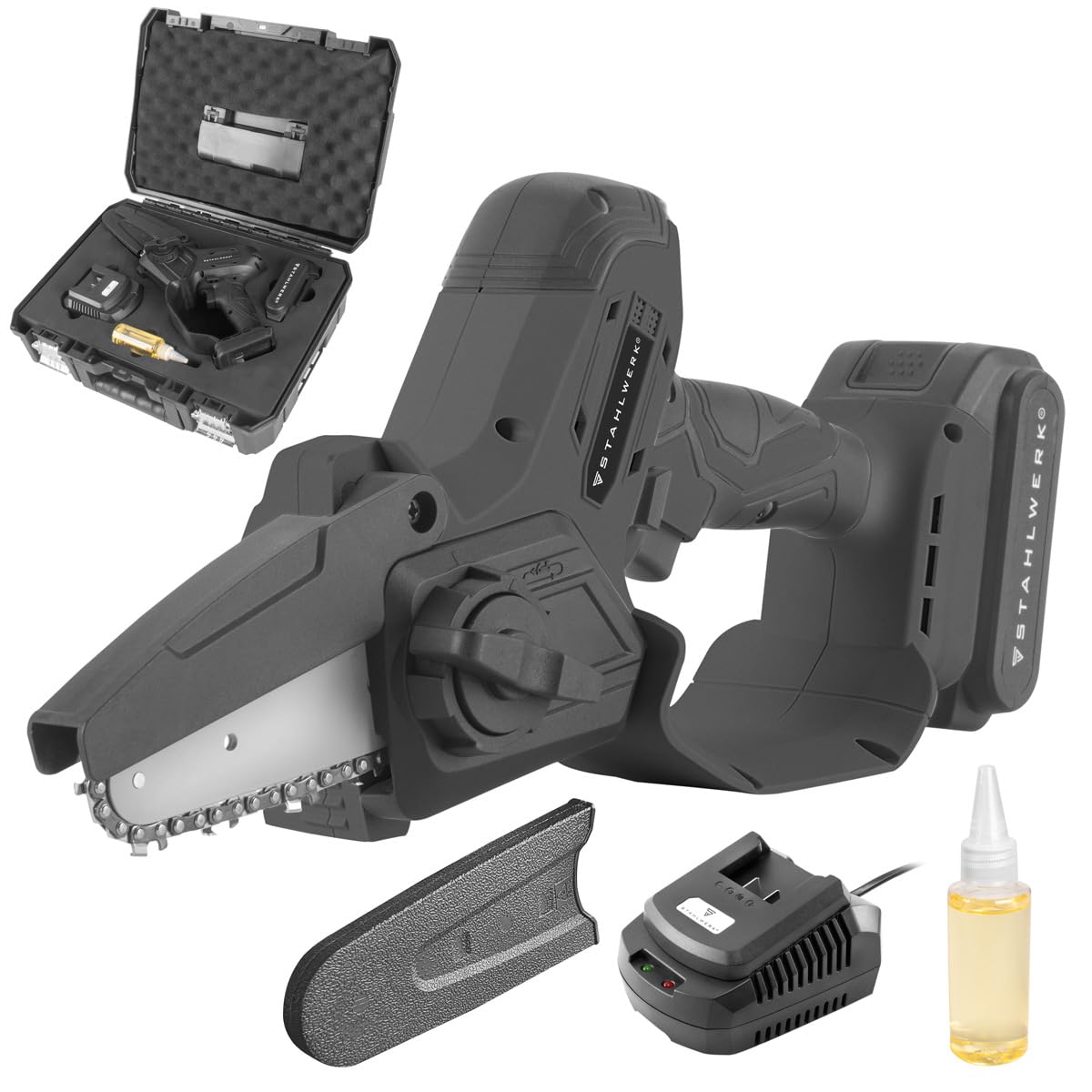 STAHLWERK Mini motosierra sin cable MAK-20 ST - Batería de 2 Ah, potente motosierra de mano para cortar todo tipo de madera, motosierra eléctrica con tecnología sin escobillas, motosierra sin cable co