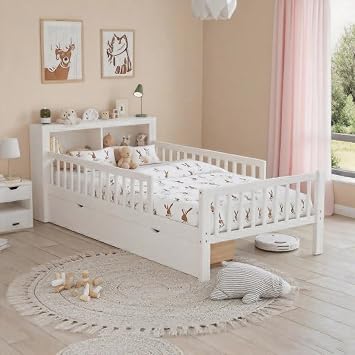 Twin Size Bed with Headboard Storage Rack, Three-Side Guardrails, Under - Bed Drawers, Ideal for Small Spaces White