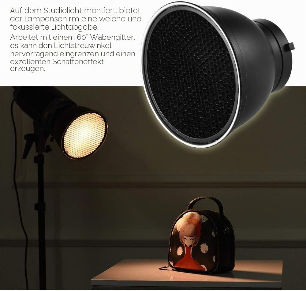 Andoer 17,8 cm (7 Zoll) Standard-Reflektor, flach, Lampe mit 60° Wabengitter für Bowens-Befestigung für Flash Studio Strobe Speedlite (Reflektor mit Diffusor)