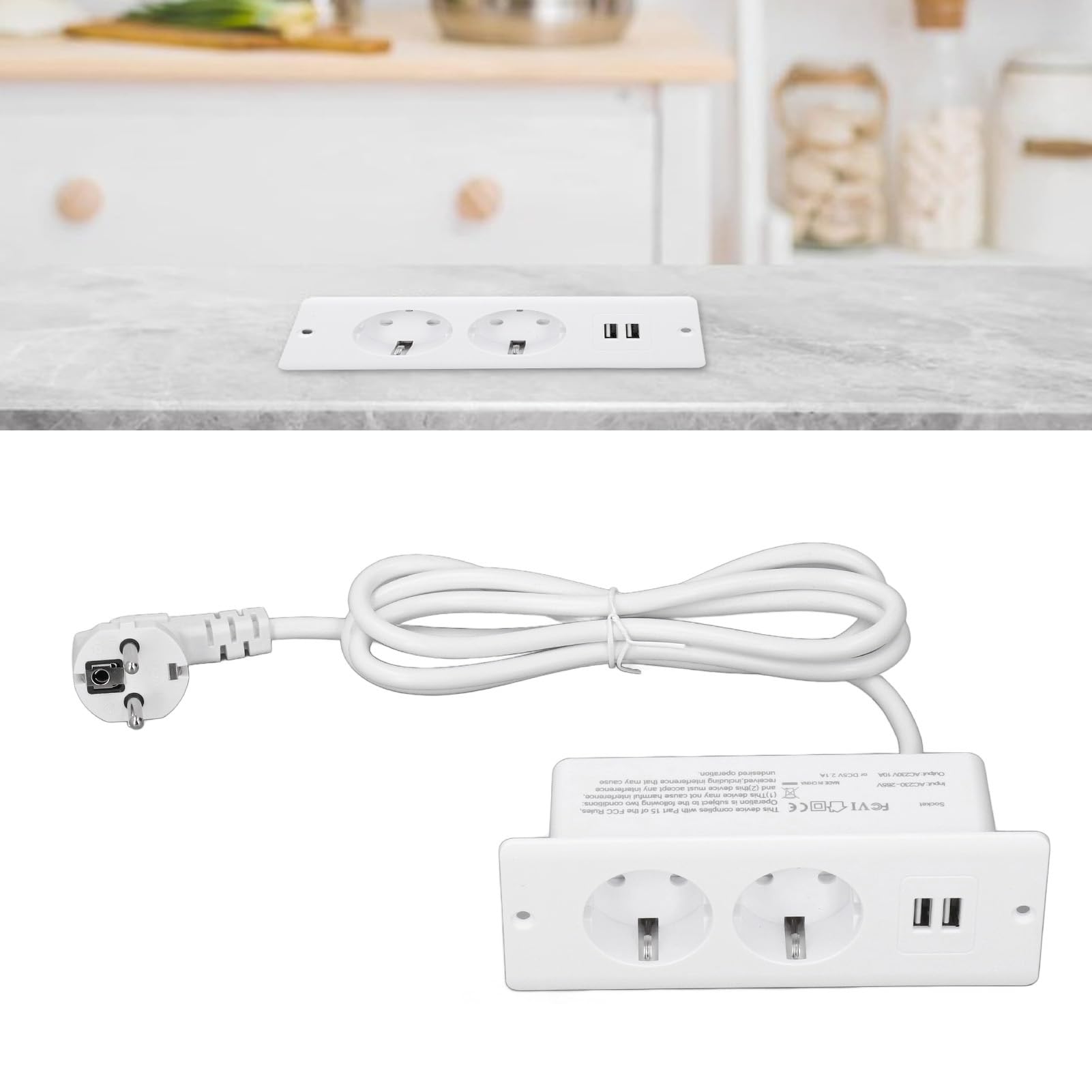 Hub di Alimentazione Presa Multipla Scrivania Incasso 2 USB 2 Porte CA 230-265 V 10A Tavolo Incorporata Spina UE per Attrezzature Meccaniche per Mobili (WHITE)