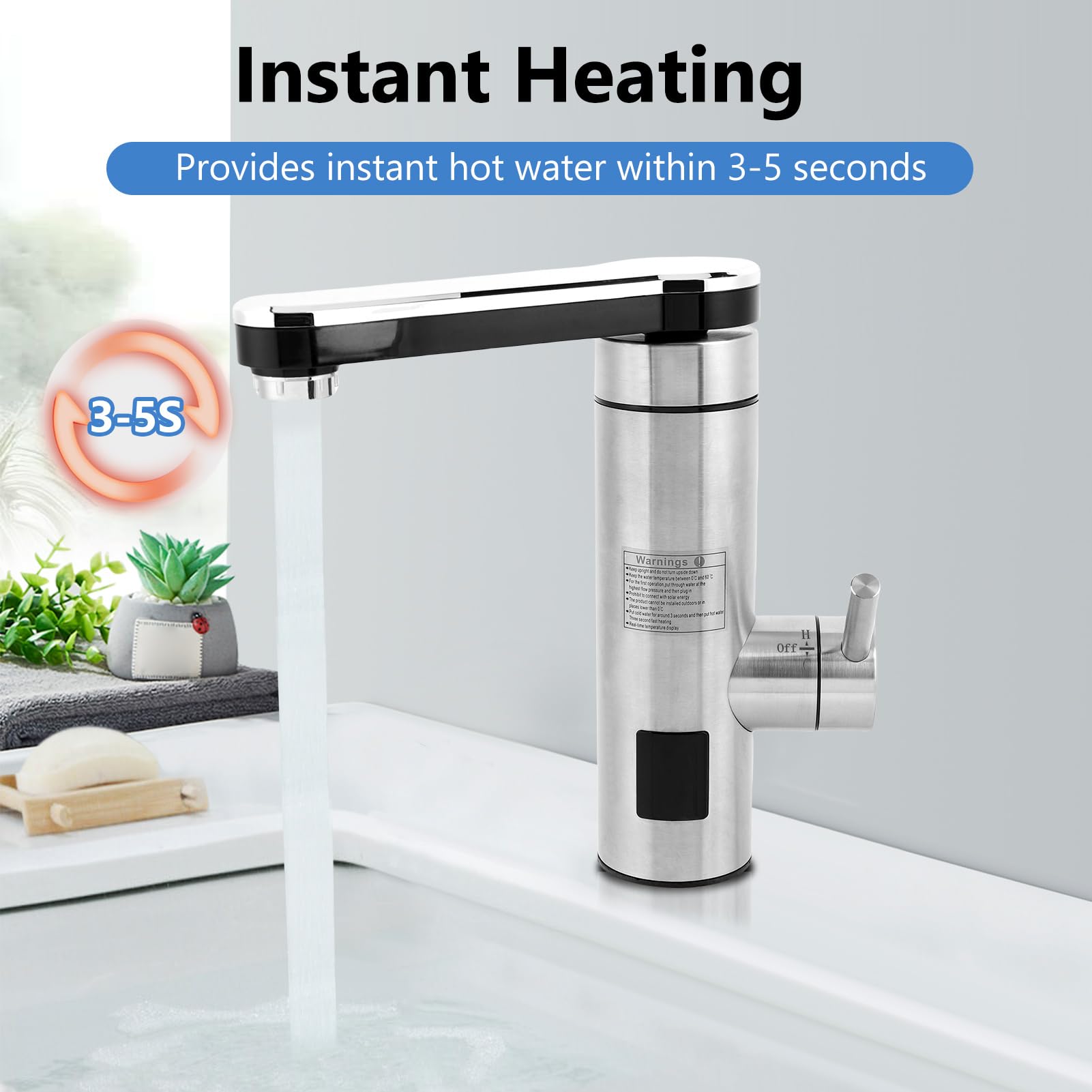 Wakects Electric Water Heater Tap, 3300W Stainless Steel Hot Water Faucet with LED Display for Bathroom Kitchen - Image 3