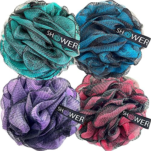 Loofah-Charcoal Bath-Sponge-Color-Set XL-75g by Shower Bouquet - Extra Large 4 Pack, Soft Mesh Black Bamboo Loufa Puff - Exfoliating Body Scrubber for Women and Men: Soothing Face & Body Exfoliator