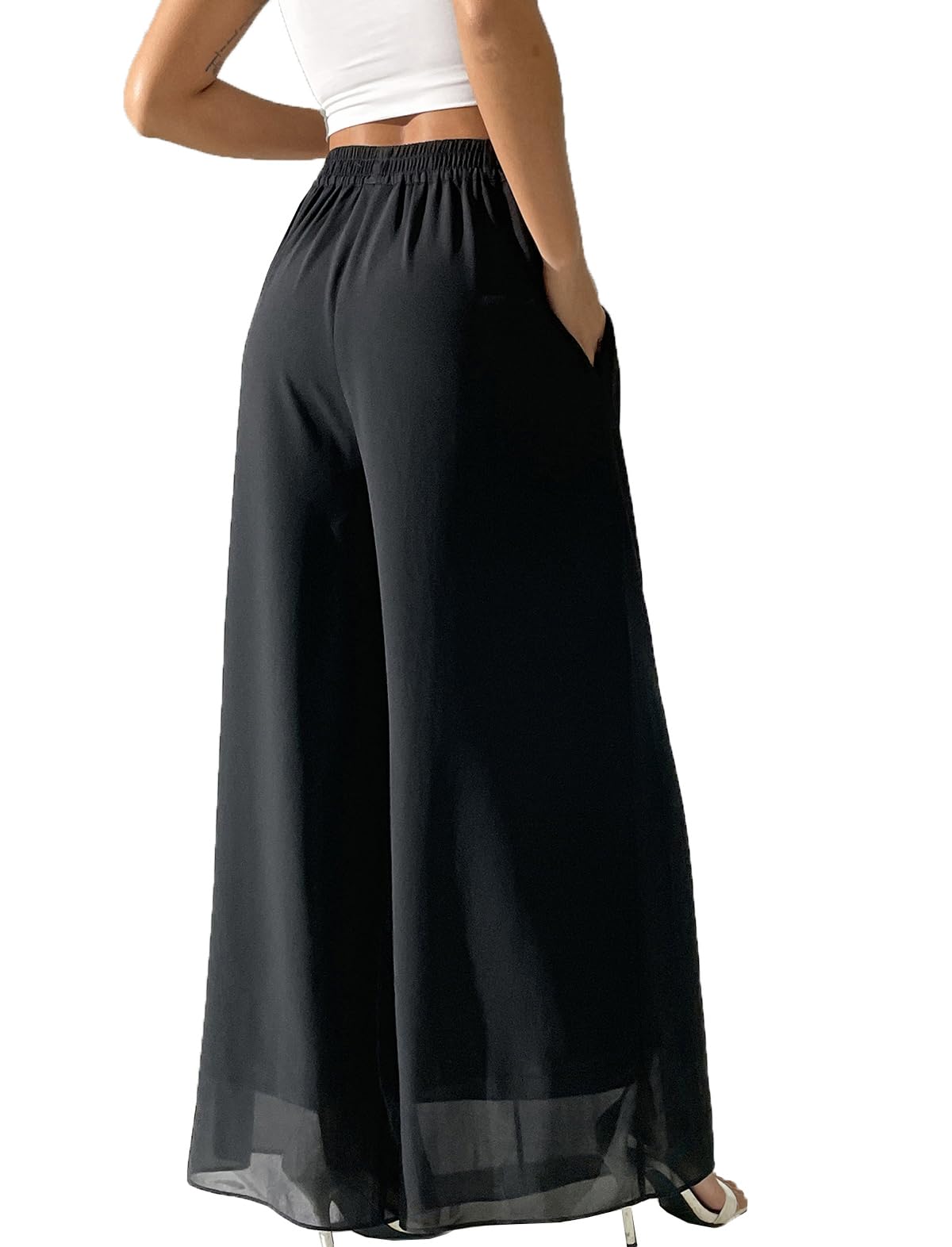 Yehopere Palazzo-Hose für Damen, elegant, fließend, Chiffon, doppellagig, Sommer, Boho, weites Bein, lässige Lounge-Hose