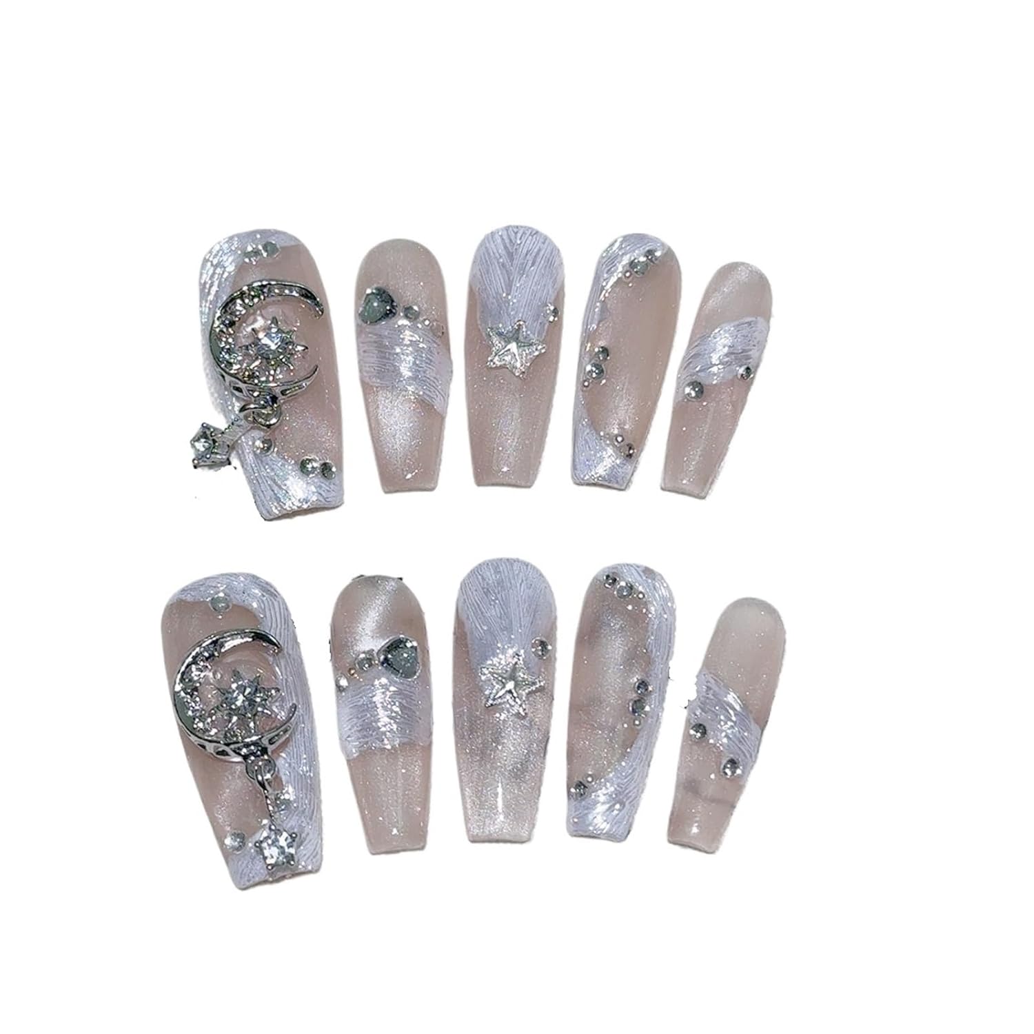 Handmade Press On Nails Shiny Star Moon Decor False Nails Wearable Full Cover Pink Cat Eye Fake Nail Tips(Style B)