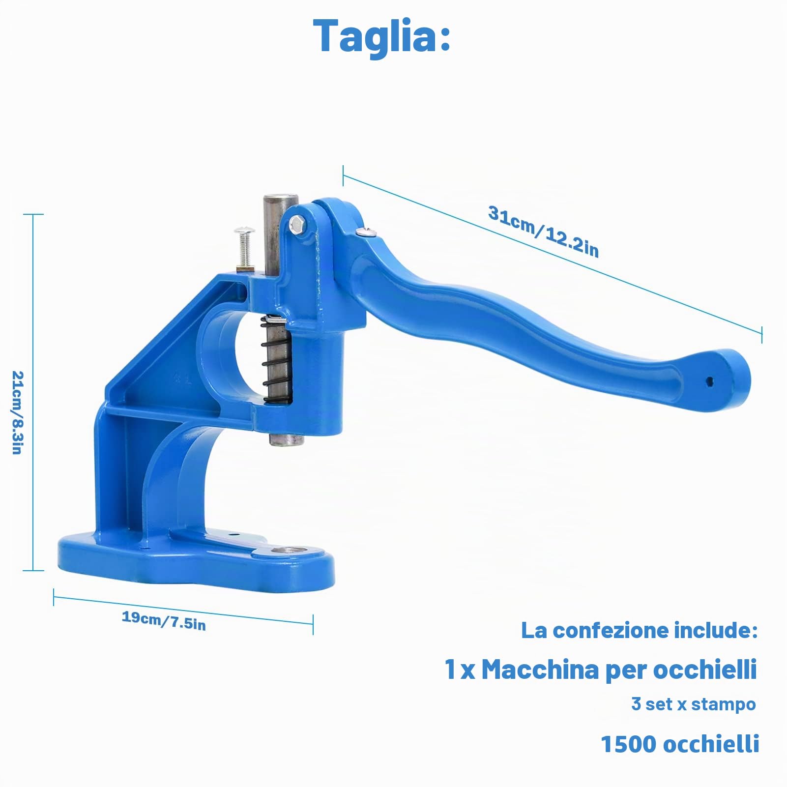 Occhiellatrice Macchina Occhiello Pressatrice, Pressa Occhielli, Macchina per Occhielli, Set di 3 Fustelle E 1500 Occhielli 6/10/12 Mm E 3 Perforatori per Tessuto in Pelle, Rivetti (Blu)