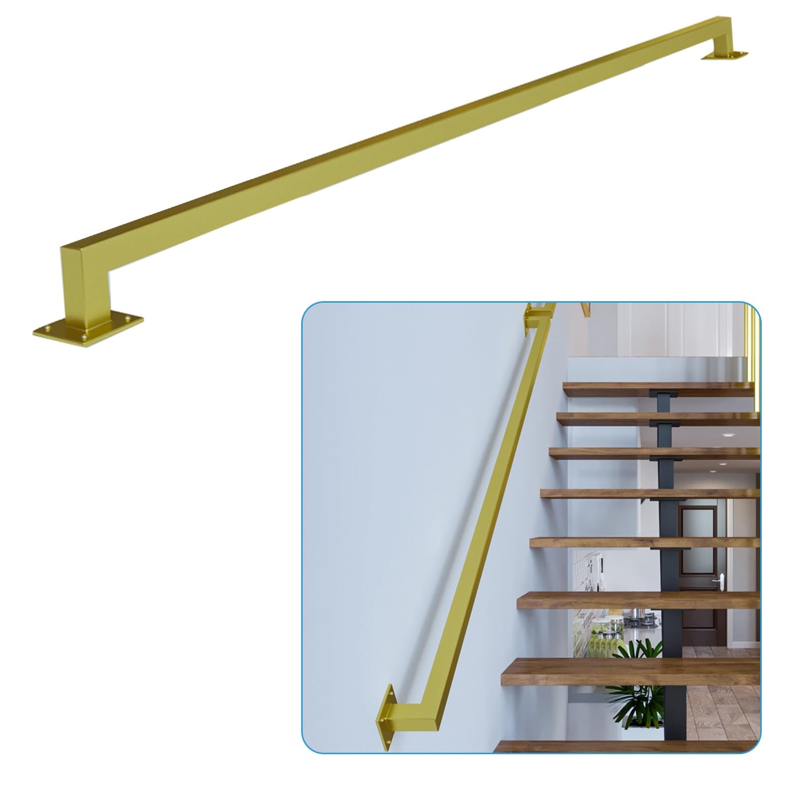 Attrex Gold Stair Handrail Black/White/ 60Cm 1M 150Cm 2M 300Cm Banister Rail Brackets Wrought Iron Grab Rail Safety Hand Rail Support Kit - Stairway Railing Outdoor Railing(,16Ft/480Cm)