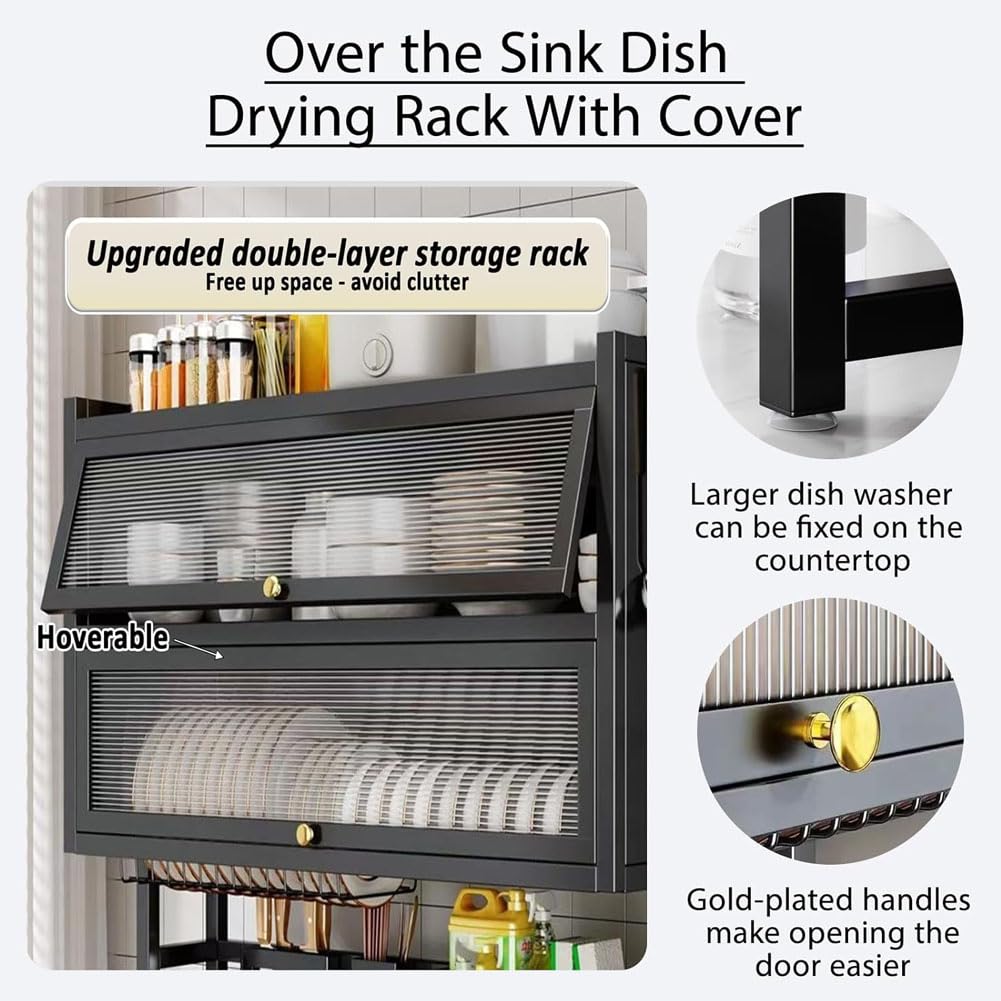 Escurridor de platos de 4 niveles con tapa, organizador de fregadero de cocina que ahorra espacio para platos, vasos, cuencos y cubiertos, gran capacidad
