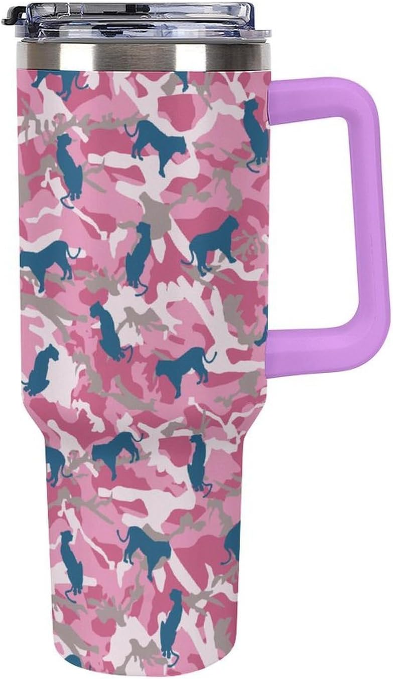 Leopard Camo Stainless Steel Tumbler with Handle Lid and Straw, Large‑Capacity 40oz Leak-Proof Insulated Travel Coffee Mug Winter Fall Water Botter for Men Father Festival Gifts