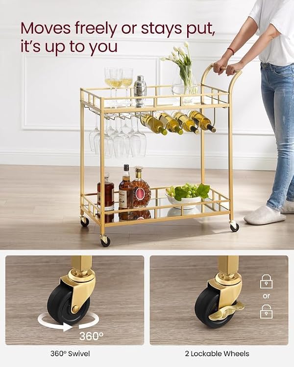 VASAGLE Bar Cart Gold, Home Bar Serving Cart, Wine Cart with 2 Mirrored Shelves, Wine Holders, Glass Holders, for Kitchen, Dining Room, Gold ULRC090A03 by VASAGLE - Image 6