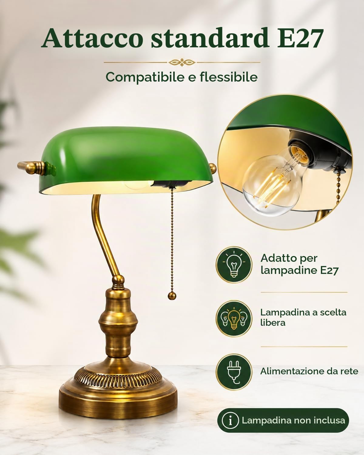 LANMOU Lampada da Banchiere Verde, E27, Paralume In Vetro | Tradizionale Lampada da Scrivania Retrò, Interruttore Cerniera, Finitura Ottone, Luce Ministeriale, Biblioteca