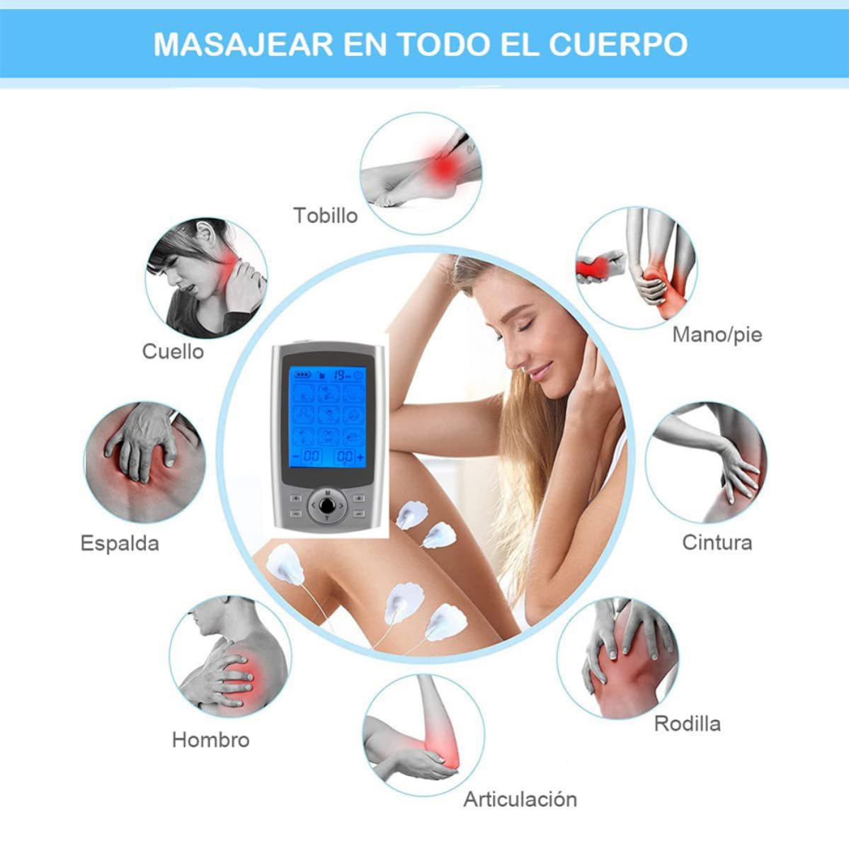 Masajeador Material Abs y Goma para Cuello y Piernas para Terapia Muscular 36 Modos, 8 Electrodos Adecuado para Uso en Casa y Centros de Masaje