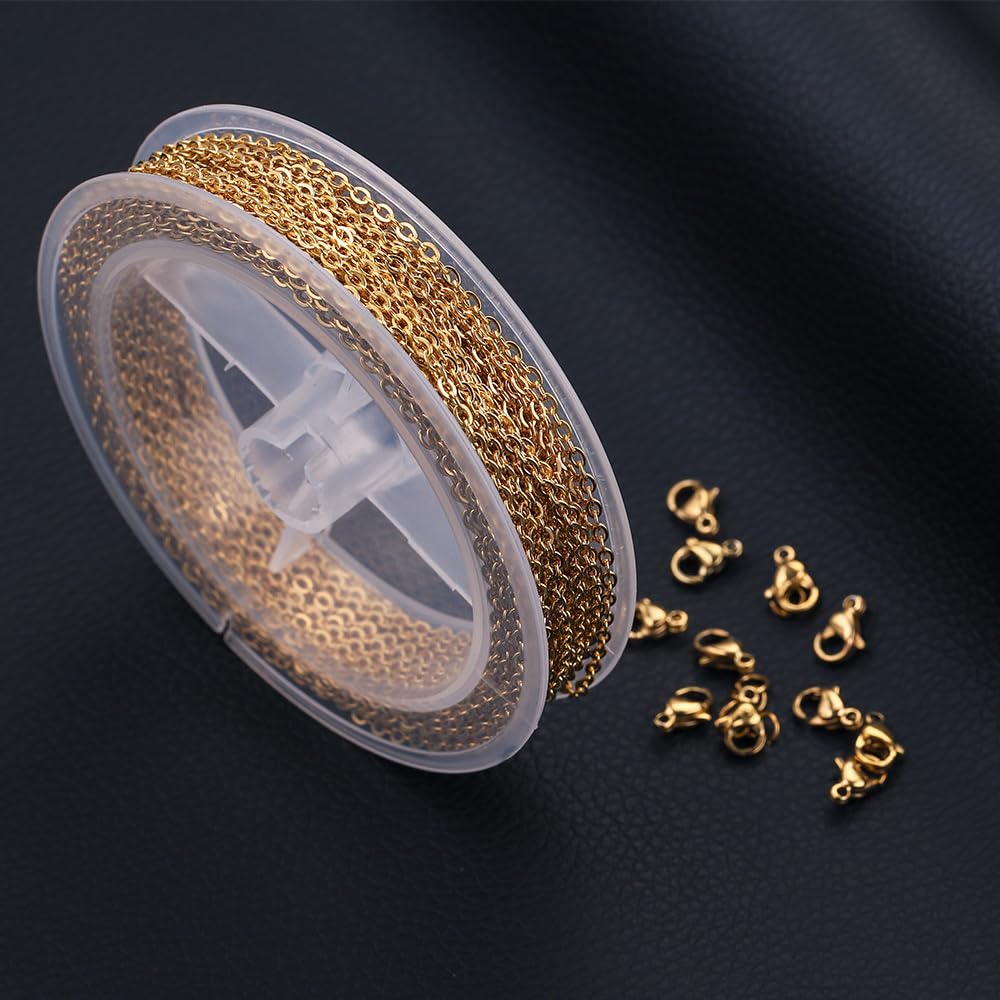 Kit per creazione di gioielli in acciaio inossidabile dorato 10 metri Catena portacavi da 1,5/2 mm Chiusura a moschettone e anello di salto di apertura Collana di gioielli fai da te-Oro 2 mm