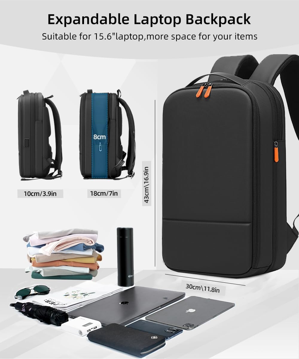 Business Backpack for Men 15.6 inch Expandable Slim Laptop Backpack With USB Charger Port Waterproof Anti-Theft Professional Work Computer Bag Hard Shell Backpack-Black - Image 2