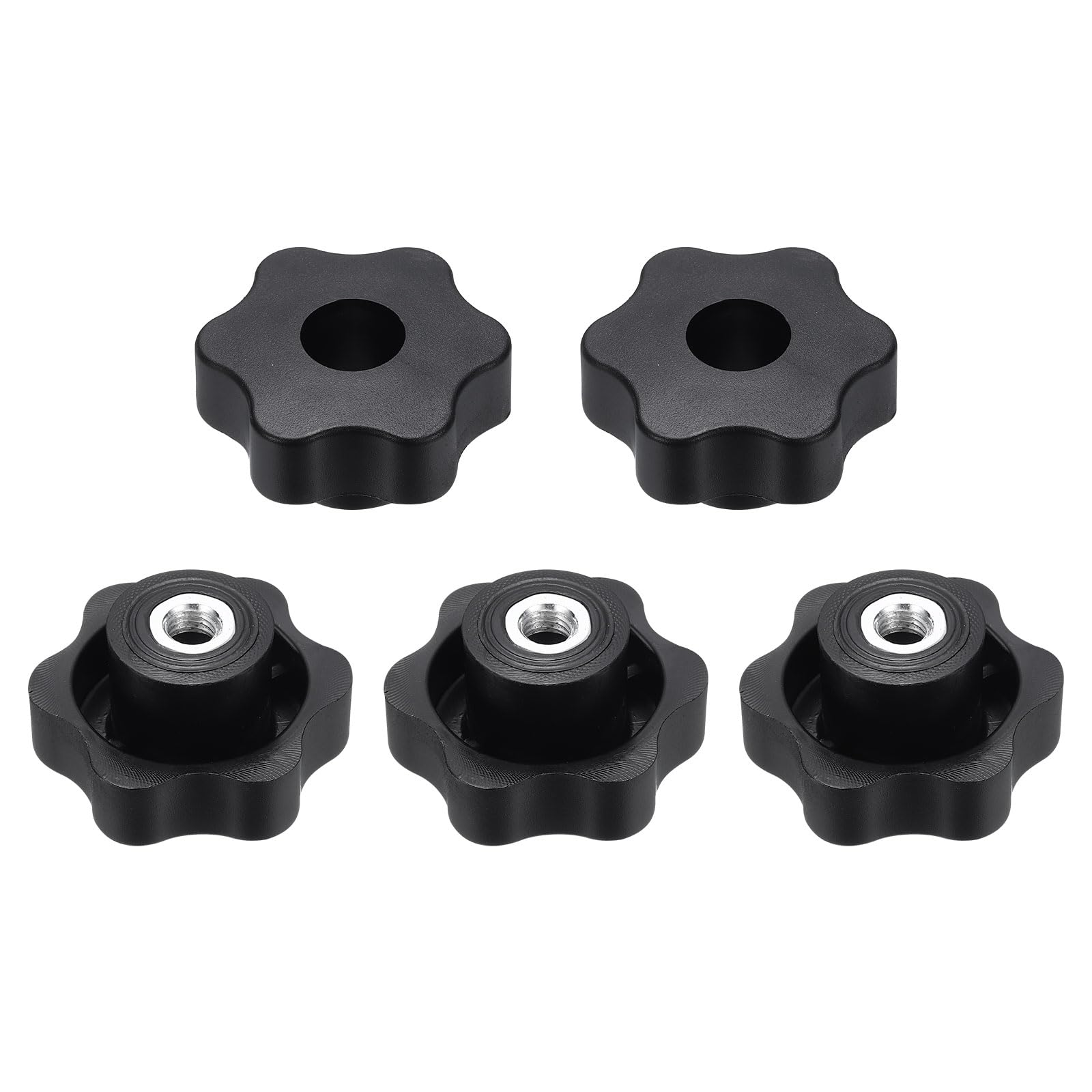sourcing map 5pcs Star Clamping Nuts M8 Female Thread 48mm 6-Point Plastic Head Iron Insert Through Hole Screw-in Threaded Knob Hand Tightening Clamping Handles, Black