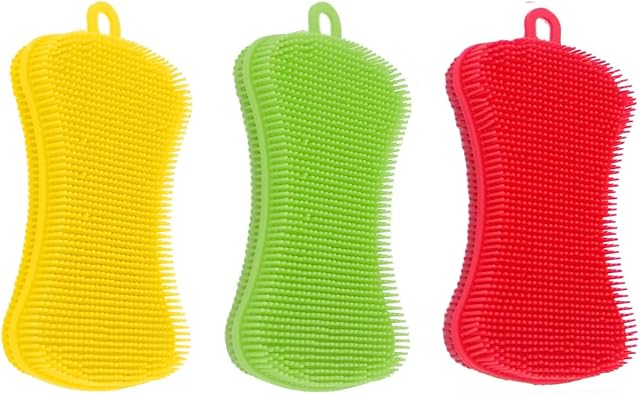 Silicone Scrubbing Sponge 3 Pack Kitchen Silicone Sponge Silicon Non Scratch & Non Smell Kitchen Scrubber Pad Reusable Cleaning for Dishes Fruit Vegetable Multi-Colored Pads Red Orange Green