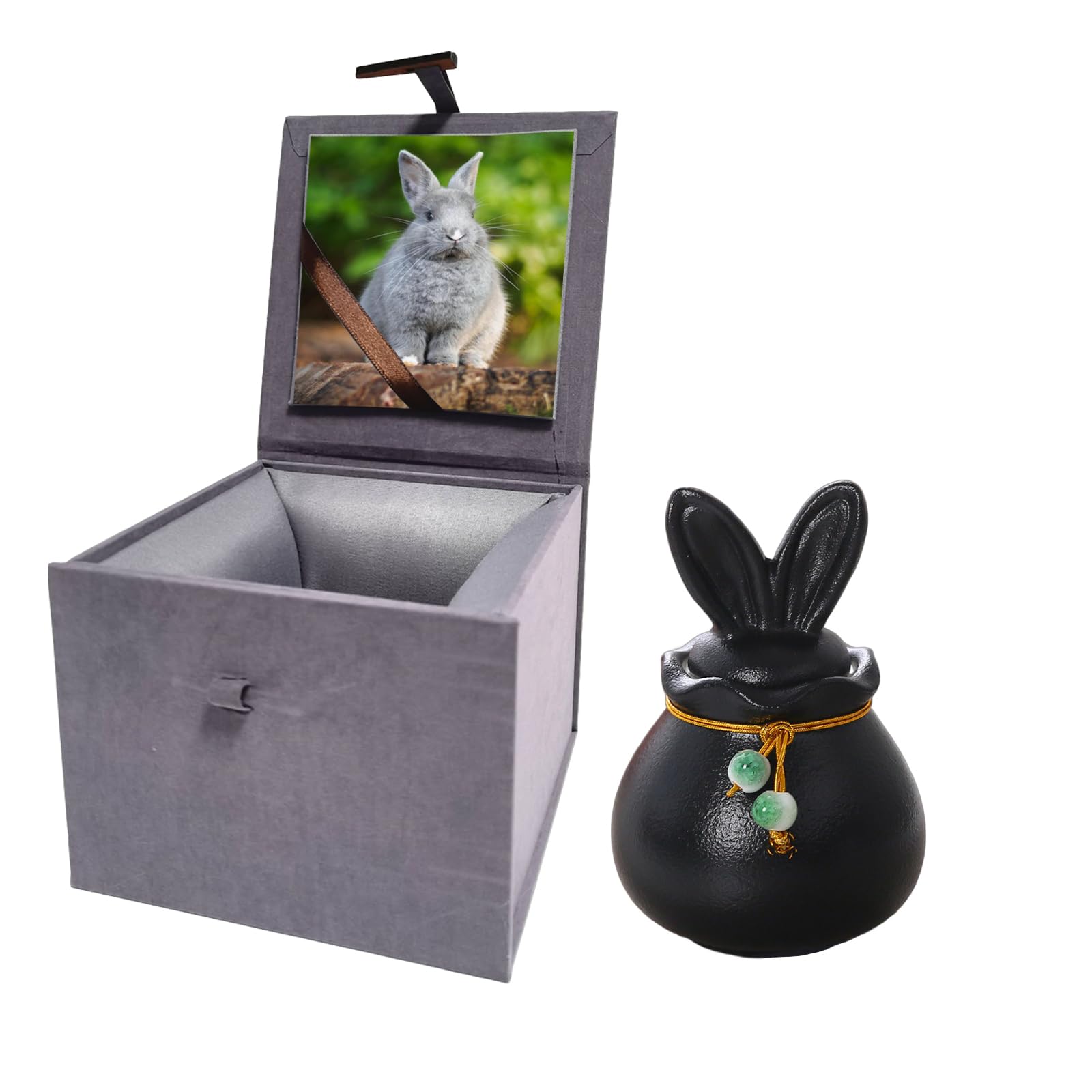 Ceramic Pet Urn for Ashes, Bunny Urn with Photo Display Box-Matte Black