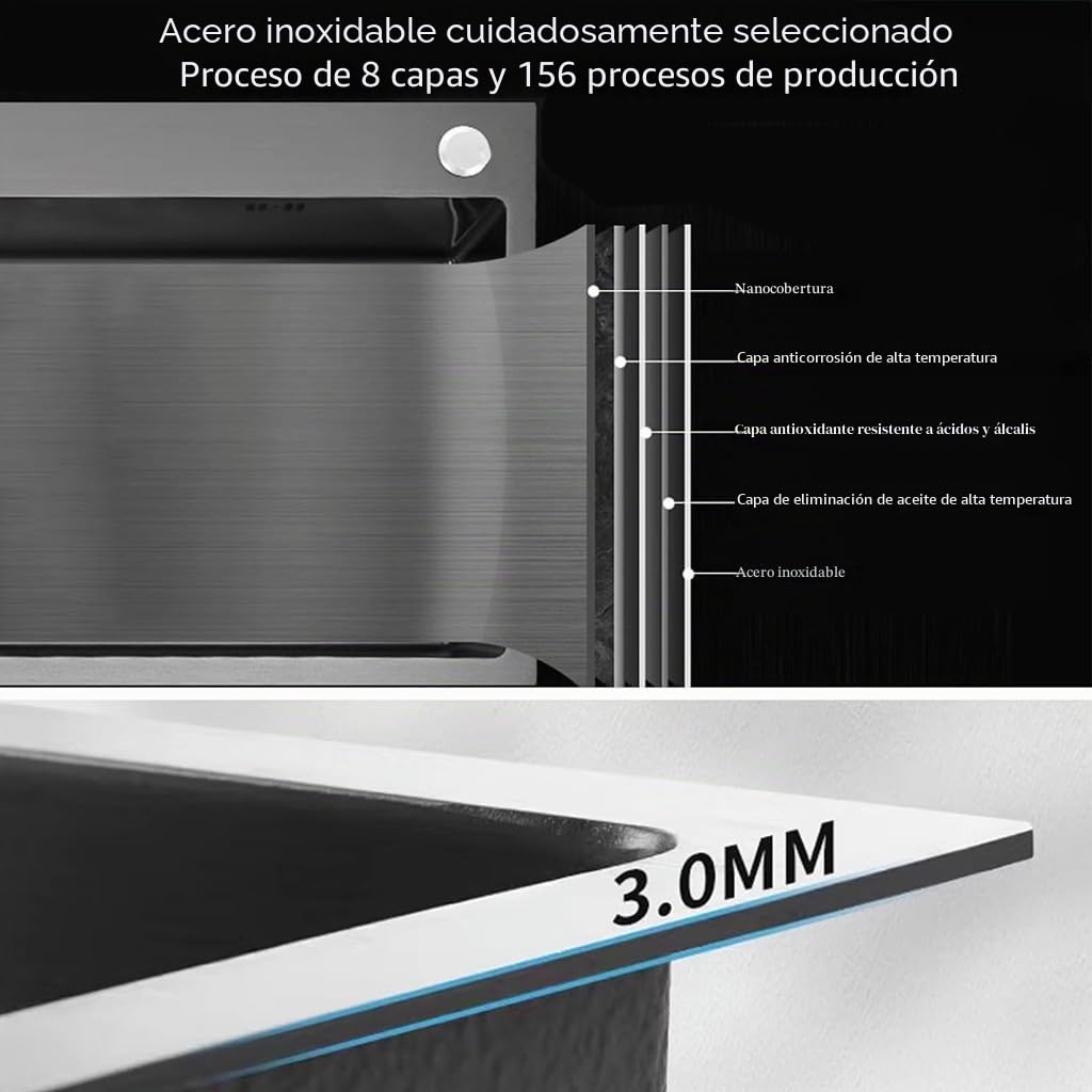 Fregadero De Cocina De Acero Inoxidable Negro, Fregadero De Cocina Con Varios Accesorios Deslizantes, Fregadero De Cocina Con Varios Accesorios (55 X 45 Cm)