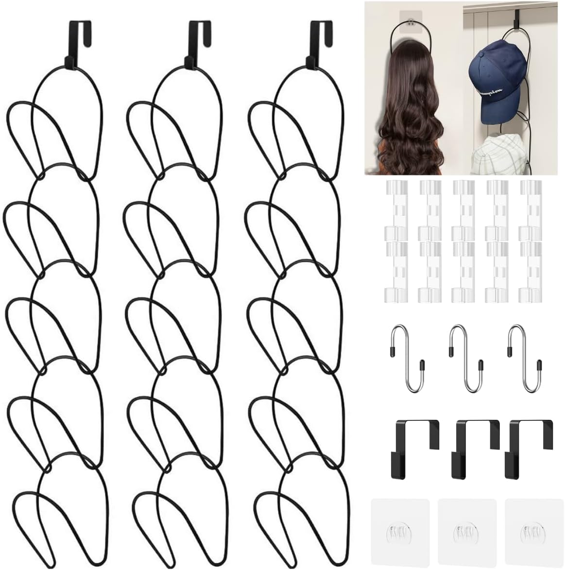 LINFIDITE 15 Pack Hat Rack Hanger Holder Organizer Closet Hanging Baseball Cap Display Storage Rack for Scarves Handbags Towels Clothes Ties Over Door Wall Mounted w Hanging Hook Black