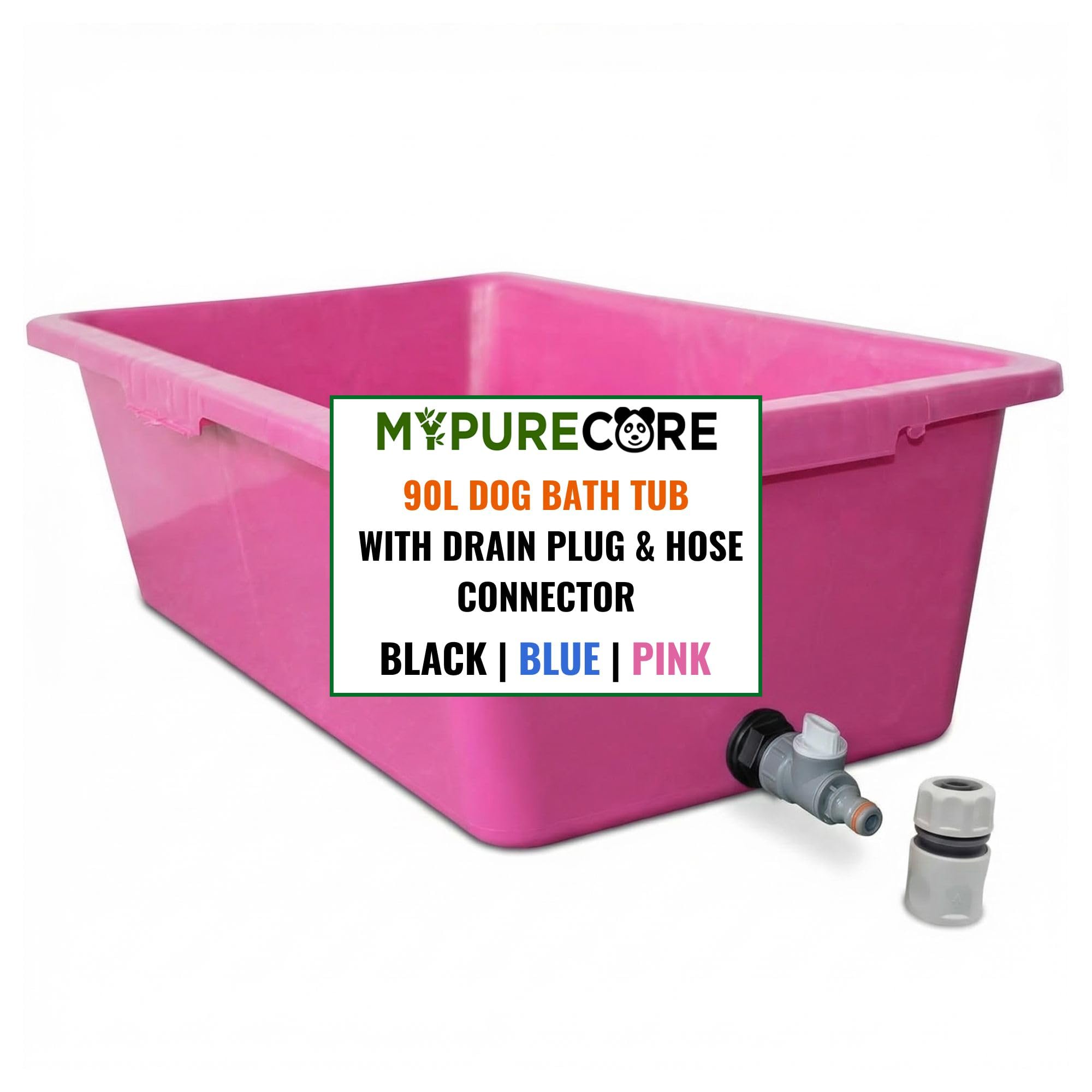 MYPURECORE 90L Dog Bath Tub – Pet Bath Pool with Drain Plug & Hose Connector – Durable Plastic Dog Washing Tub for Indoor & Outdoor Use (PINK)