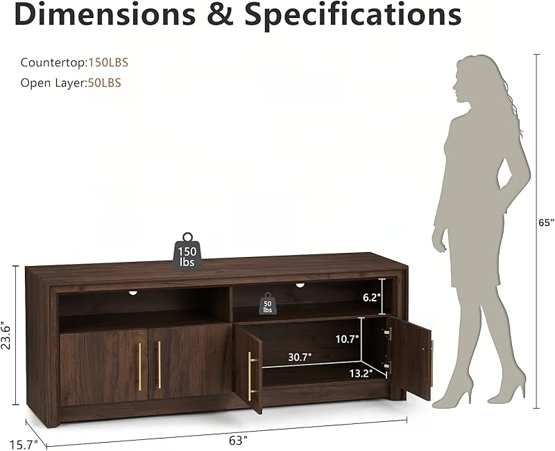 63" Modern TV Stand with Storage, Beveled Profile Design, Walnut image 2