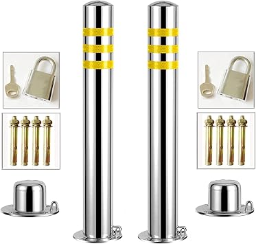 Parking Barrier Heavy Duty Parking Bollards Lockable Barrier 2 Pack Security Posts for Driveways Stainless Steel Parking Barrier Easy Instal,76750mm