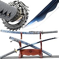 Vista 10 de Espada japonesa de samurái Katana auténtica hecha a mano de acero al carbono 1095 de alta calidad, espada de dragón real y afilada, Katana