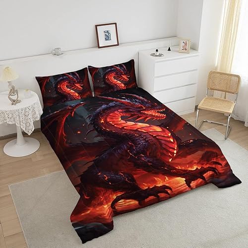 Vista 39 de Juego de cama de dragón tamaño matrimonial, edredón de dragón tamaño individual, transpirable, 3 piezas (estilo dragón 05)