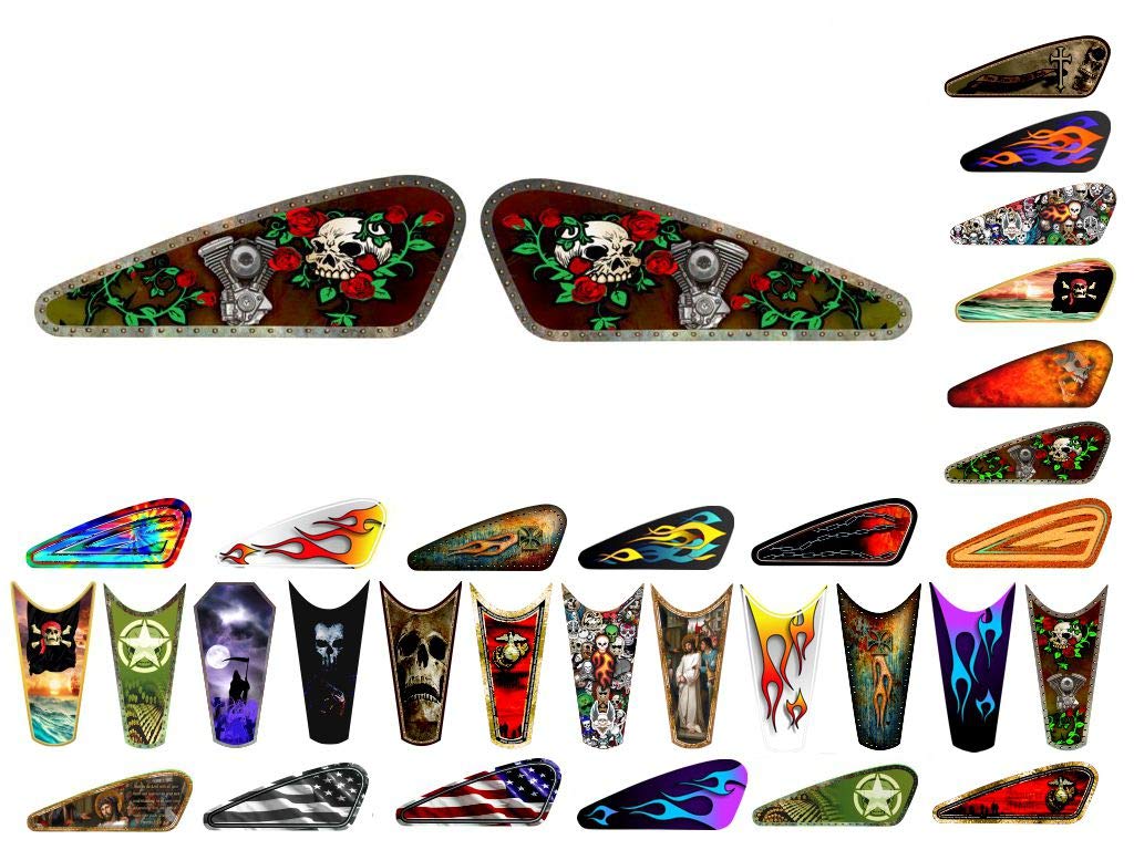 Motorcycle Gas Tank Decals/Sets - for Harley Davidson Sportster Honda Shadow Suzuki Kawasaki Indian Yamaha (V-Twin Skull & Roses - Red - 2pc Side Tank Decals)