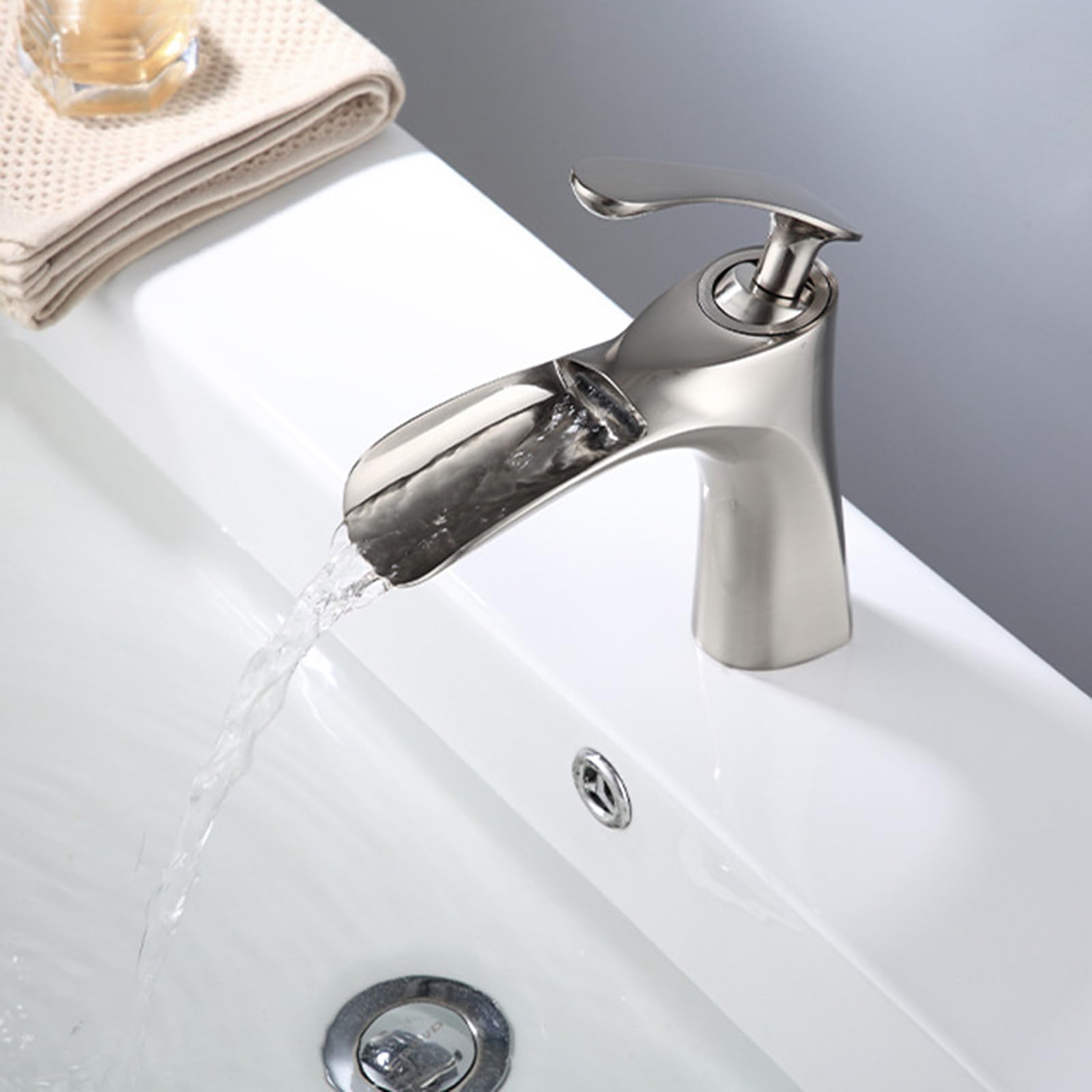 SOHNVWTGD Waterfall Wash Basin Taps Open Single Hole Bathroom Mixer Tap Brass Waterfall Tap,Brushed