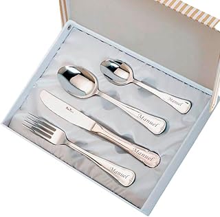Curia Grabador - Juego de Cubiertos de Comunión Cadete Personalizados | Grabado con Nombre y Fecha | Estuche de Regalo Incluido, Acero Inoxidable 18/10 Modelo Paris (Modelo Paris)