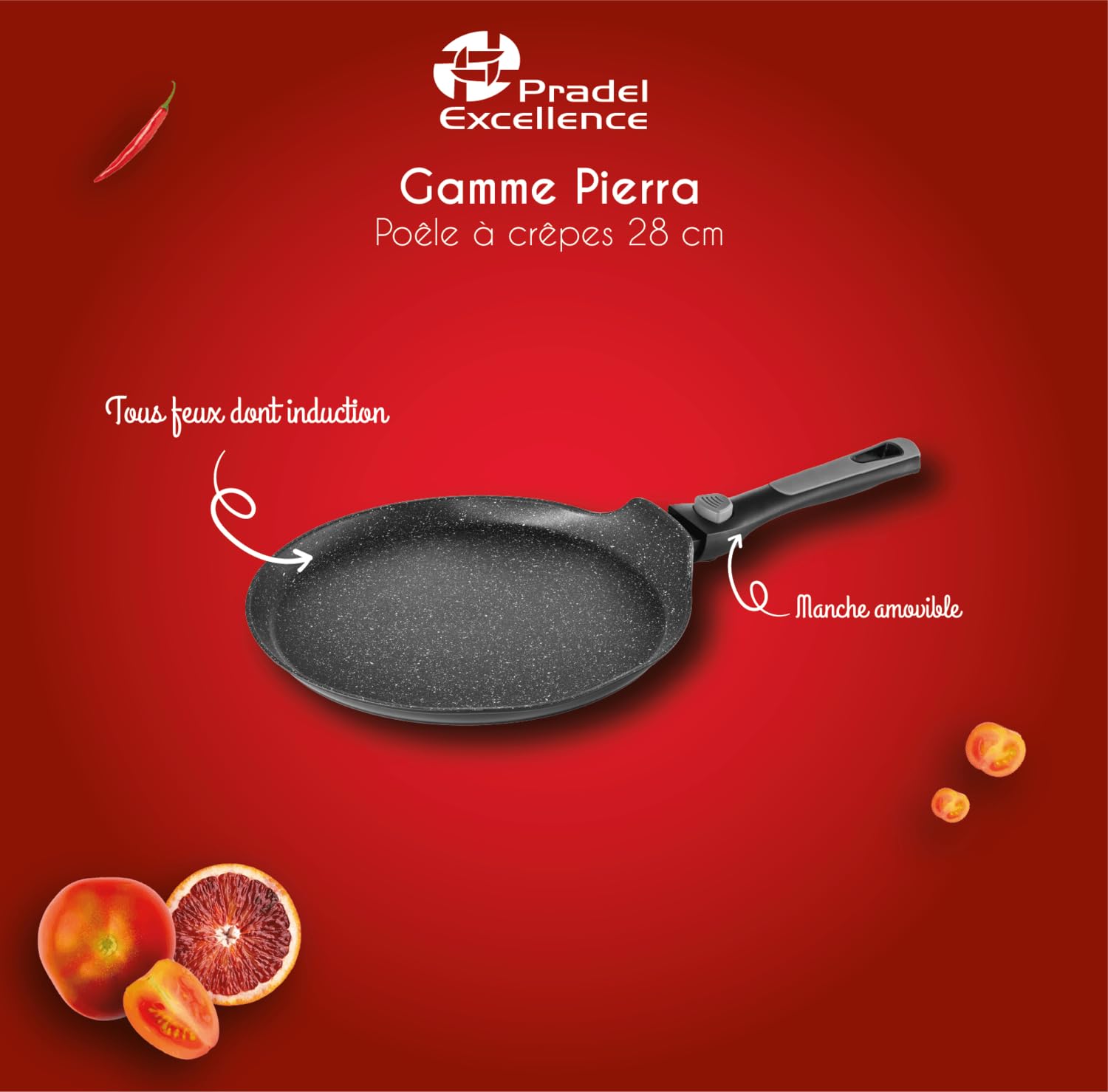 Pradel Excellence - PCUI002008 - Poêle à Crêpes en Aluminium Forgé Pierra Ø28cm - Revêtement Anti-Adhésif Façon Pierre - Manche Amovible - Tout Feu, Induction, Noir