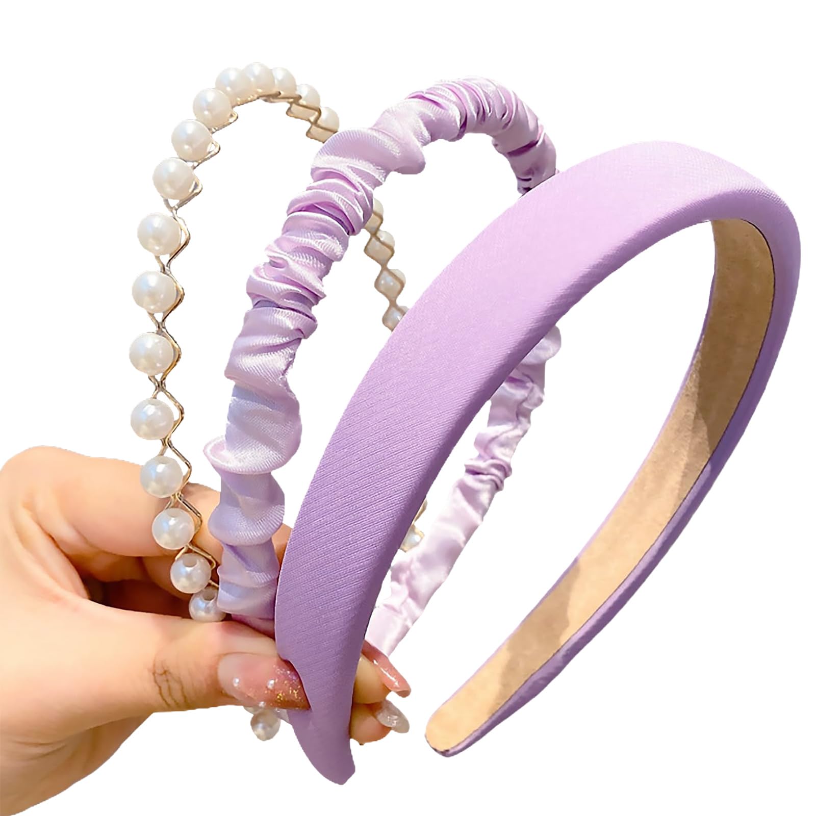 DIELOVEHUA 3 Pezzi Cerchietto Capelli Donna, Cerchietto di Perle, Solidi, Semplici, Accessori per Capelli Antiscivolo, per Donne Ragazze Accessori per Capelli (Viola