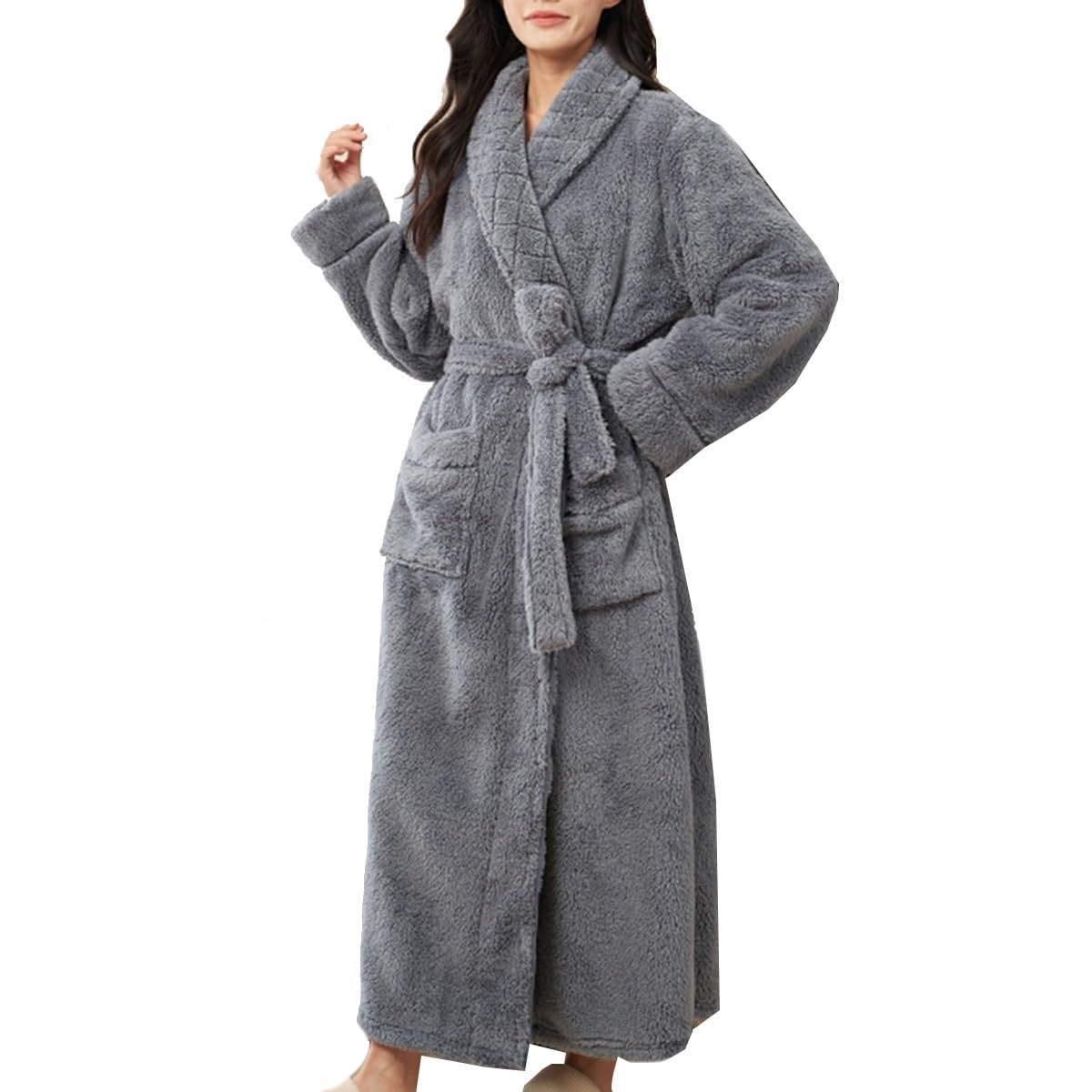 Damski Polarowy Szlafrok Zimowy Miękki Długi Szlafrok Męski Z Kieszeniami Długa Bielizna Nocna Koszule Nocne Ciepły Szal Kołnierz Szlafroki Spa Bielizna Nocna(/Gray,M women)