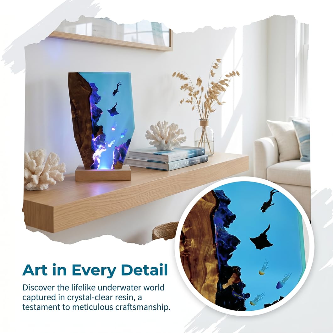 Tiefseetaucher Resin & Massivholz Lampe – USB-dimmbare Nachtleuchte mit Mantarochen & Quallen 3D-Dekoration, handgefertigtes Epoxidharz-Kunstobjekt für Schlafzimmer, Wohnzimmer, Büro (22*13*3.5cm)