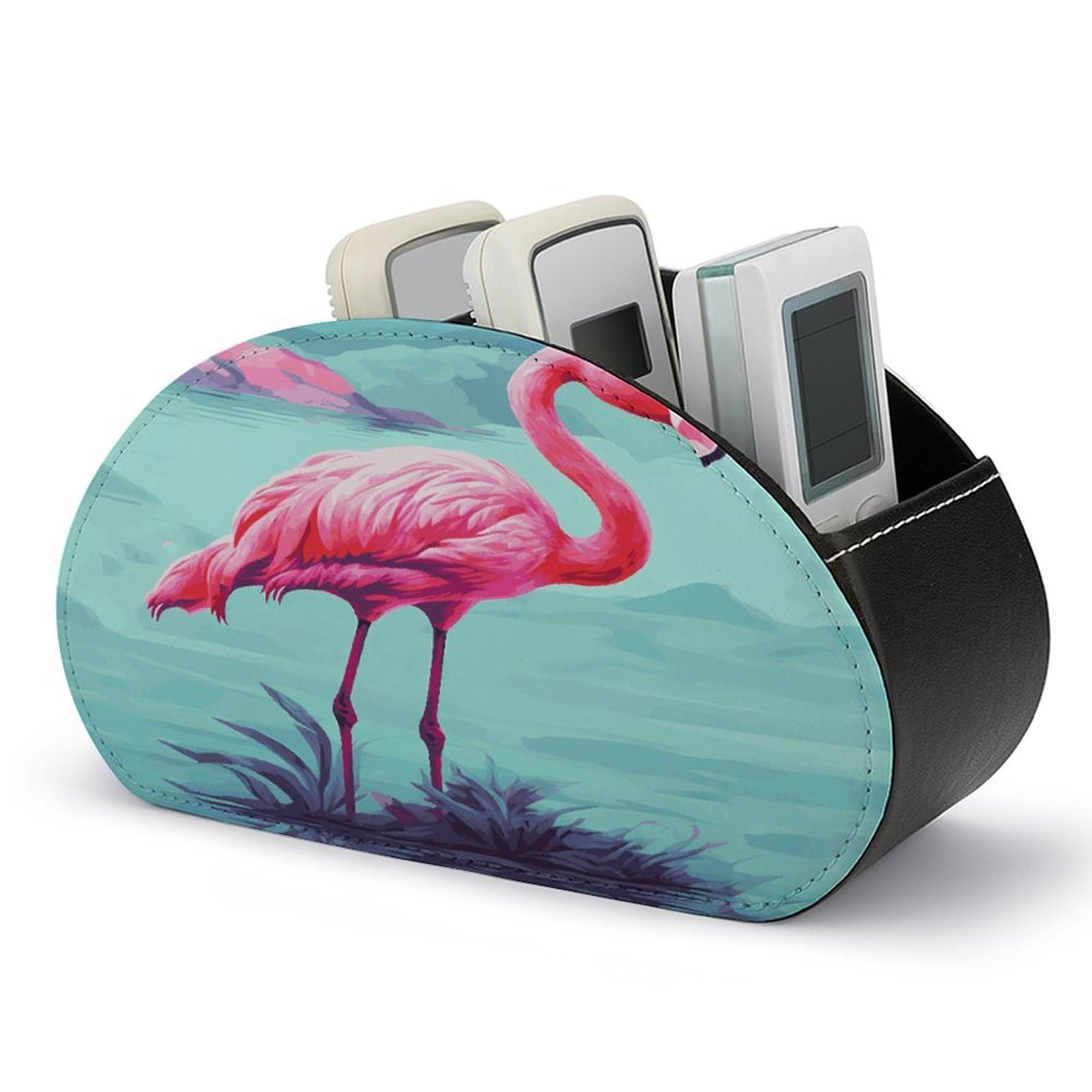 LDGSUPH Pink Flamingos Remote Control Holder with 5 Compartments PU Leather TV Remote Caddy Storage Box Multi-functional Desk Storage Organizer Box Anti-slip Desktop Caddy