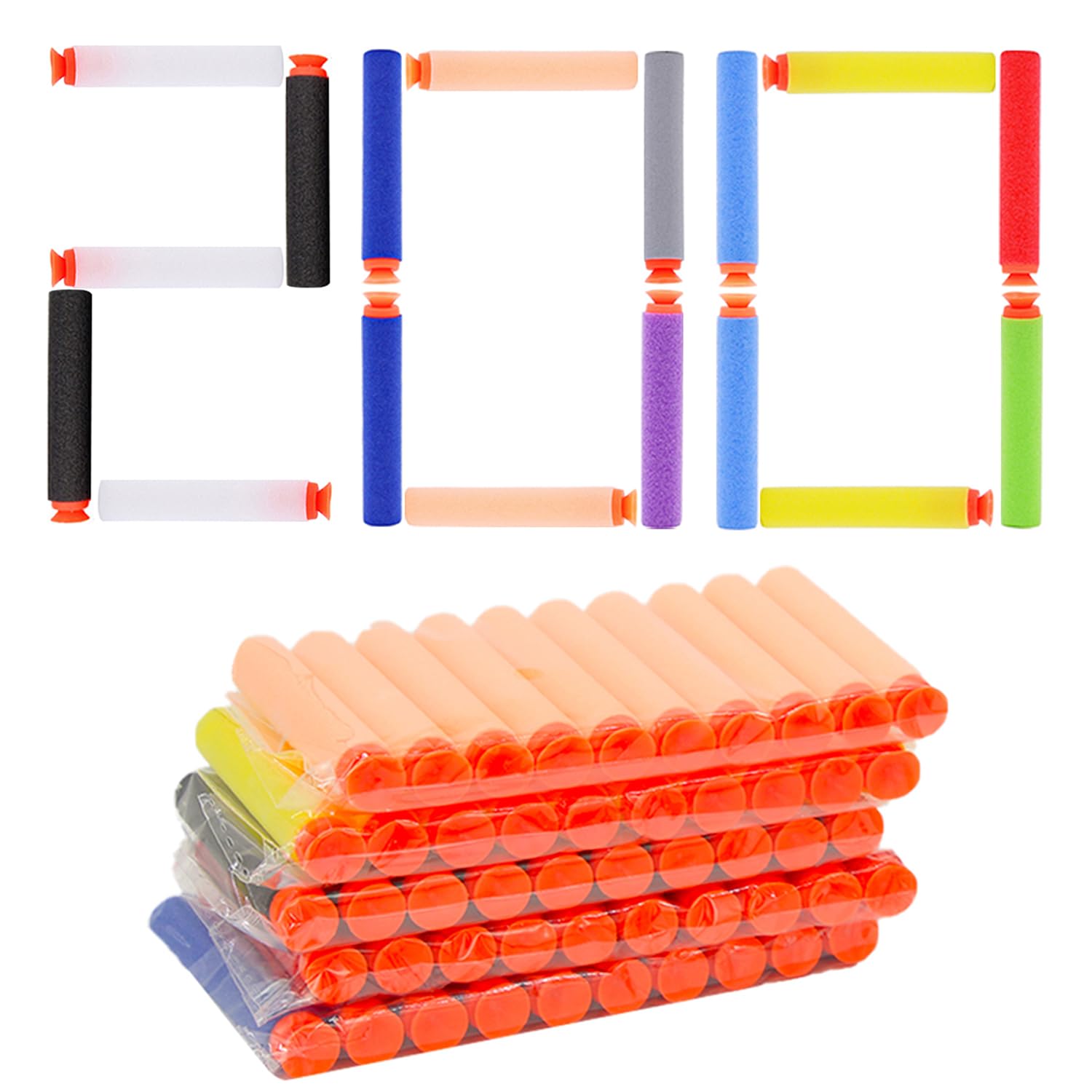 WALWAL200 PCS Suction Darts Foam Bullet Refill Pack - Compatible with N-Strike, Modulus, AccuStrike Elite Series - Safe Foam Ammunition for Kids, Teens, and Adults(Ten Colors)