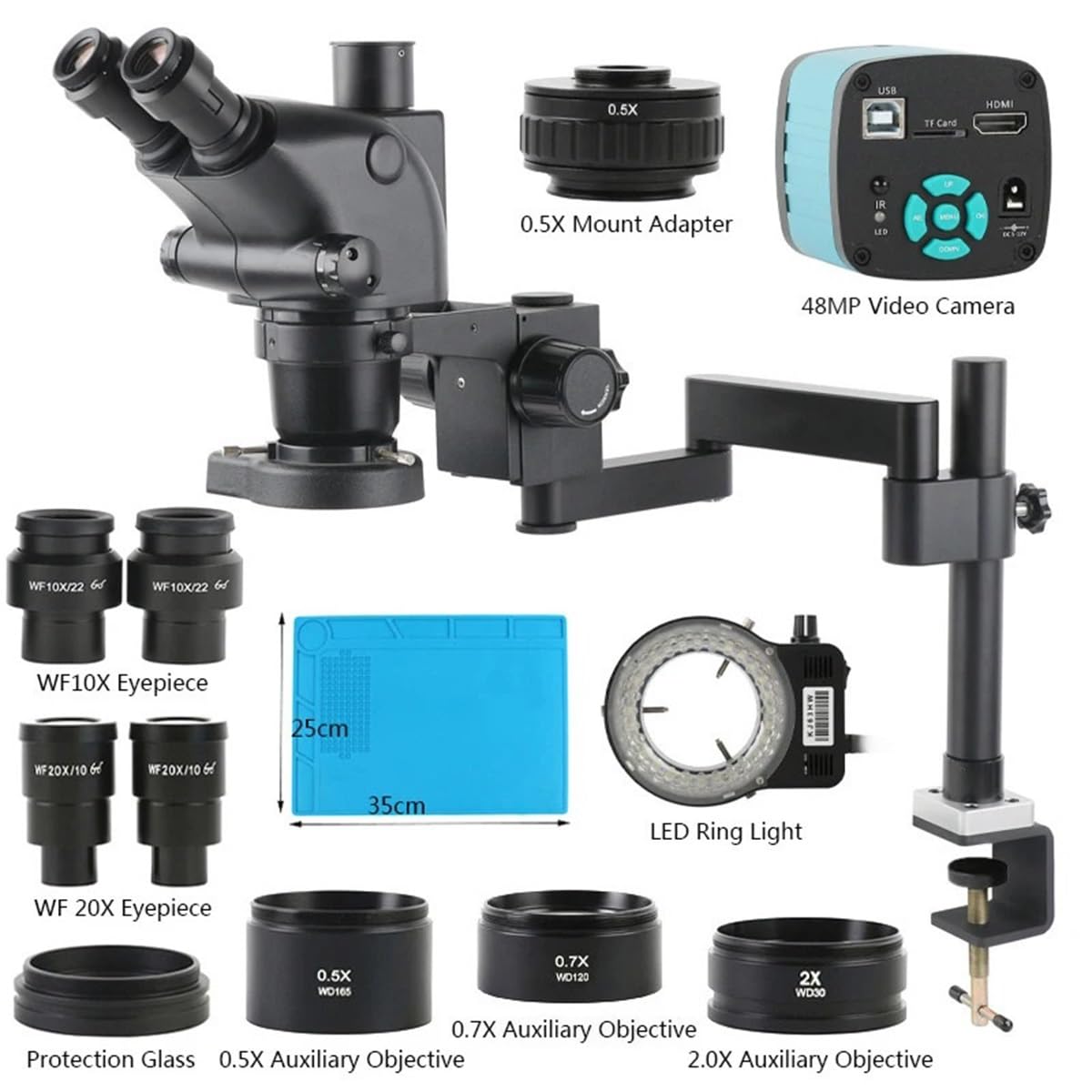 Microscope 3.25X-260X Stereo Trinocular Microscope 12MP 48MP 55MP 4K 2K HDMI USB VGA Type-c Camera+ Clamp Folding Extension Base Repair Kit(48MP 4K 2K HDMI USB)