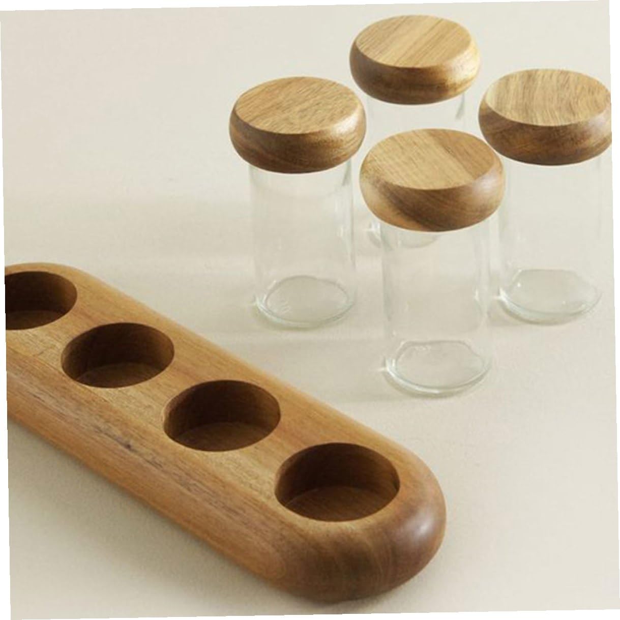 VANZACK Barattoli Condimenti in Vetro Trasparente Coperchio in Legno e Vassoio Contenitori Saliera e Spezie Salvaspazio per Cucina e Bbq Facili da Pulire e Sicuri