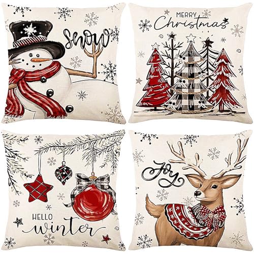 Ni-JASW Christmas Throw Pillow Covers 18x18 inch Set of 4, Farmhouse Snowman Reindeer Tree...