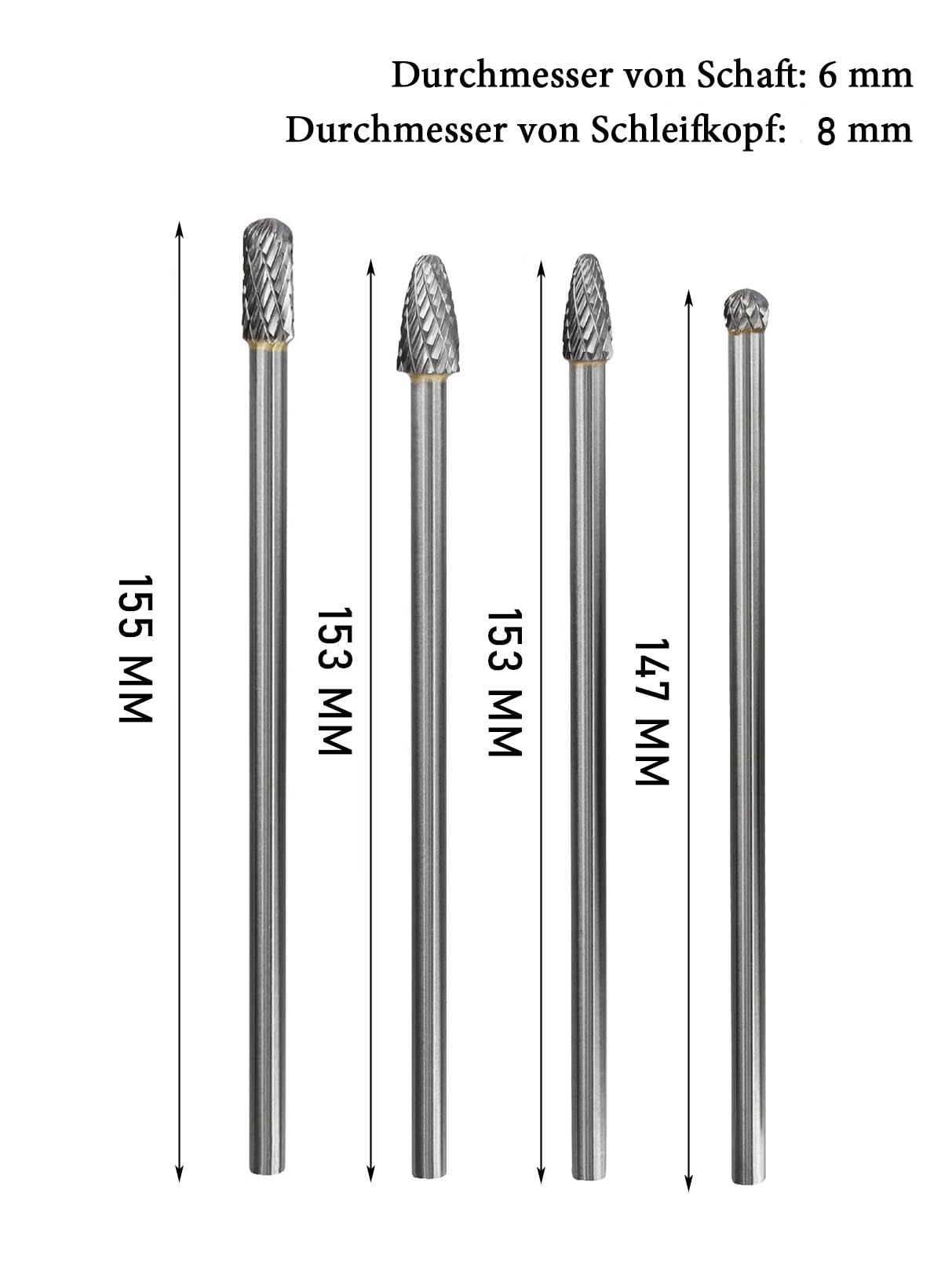 Treki 4 Stück Lang Hartmetall Frässtifte mit 6mm Schaft Hartmetallfräser Fräsaufsatz für Bohrmaschine, Wolframstahl Fräser Bits Holzschnitzerei Bohrer Set für Holzarbeitung, Metallfräser Holzfräser